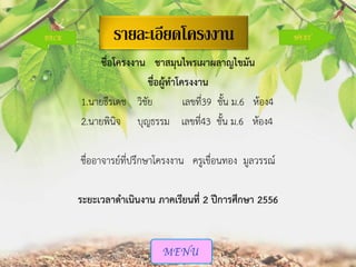 รายละเอียดโครงงาน
ชื่อโครงงาน ชาสมุนไพรเผาผลาญไขมัน
ชื่อผู้ทาโครงงาน
1.นายธีรเดช วิชัย
เลขที39 ชั้น ม.6 ห้อง4
่
2.นายพินิจ บุญธรรม เลขที43 ชั้น ม.6 ห้อง4
่
ชื่ออาจารย์ที่ปรึกษาโครงงาน ครูเขื่อนทอง มูลวรรณ์

ระยะเวลาดาเนินงาน ภาคเรียนที่ 2 ปีการศึกษา 2556

 
