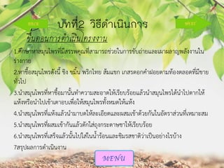 บทที่2 วิธีดำเนินกำร
ขึ้นตอนการดาเนินโครงงาน
1.ศึกษาหาสมุนไพรที่มีสรรพคุณที่สามารถช่วยในการขับถ่ายและเผาผลาญพลังงานใน
ร่างกาย
2.หาชื้อสมุนไพรดังนี้ ขิง ขมิ้น พริกไทย ส้มแขก เกสรดอกคาฝอยตามท้องตลอดที่มีขาย
ทั่วไป
3.นาสมุนไพรที่หาชื้อมานั้นทาความสะอาดให้เรียบร้อยแล้วนาสมุนไพรได้นาไปตากให้
แห้งหรือนาไปเข้าเตาอบเพื่อให้สมุนไพรทั้งหมดให้แห้ง
4.นาสมุนไพรที่แห้งแล้วนามาบดให้ละเอียดและผสมเข้าด้วยกันในอัตราส่วนที่เหมาะสม
5.นาสมุนไพรที่ผสมเข้ากันแล้วตักใส่ถุงกระดาษชาให้เรียบร้อย
6.นาสมุนไพรที่เสร็จแล้วนั้นไปใส่ในน้าร้อนและชิมรสชาติว่าเป็นอย่างไรบ้าง
7สรุปผลการดาเนินงาน

 