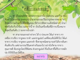 หลักการและทฤษฎี
ชา เป็นผลผลิตทางเกษตรกรรมจากใบ ยอดอ่อน และก้าน ของ
ต้นชา (Camellia sinensis) นามาผ่านกรรมวิธีแปรรูปหลากหลาย "ชา"
ยังหมายรวมถึงเครืองดื่มกลิ่นหอม ที่ทาจากพืชตากแห้งชนิดต่างๆ นามา
่
ชงหรือต้มกับน้าร้อน นอกจากนี้ ชา ยังเป็นเครื่องดื่มที่มีการบริโภคมาก
ที่สุดเป็นอันดับ 2 รองจากน้าเปล่า
ชา สามารถแยกอย่างง่ายๆ ได้ 6 ประเภท ได้แก่ ชาขาว ชา
เหลือง ชาเขียว ชาอูหลง ชาดา และชาผูเอ่อร์ แต่ที่พบเห็นได้ทั่วไป ได้แก่
ชาขาว ชาเขียว ชาอูหลง และชาดา ซึ่งชาทุกชนิดสามารถทาได้จากต้นชา
ต้นเดียวกัน แต่ผ่านกรรมวิธีแตกต่างกันออกไป อย่างไรก็ตาม ชาขาว
คุณภาพดี ต้องปลูกโดยวิธีพิเศษ ส่วนชาผูเอ่อร์ ซึ่งเป็นชาที่ได้รับการหมัก
บ่ม ยังใช้เป็นยาได้ด้วย

 