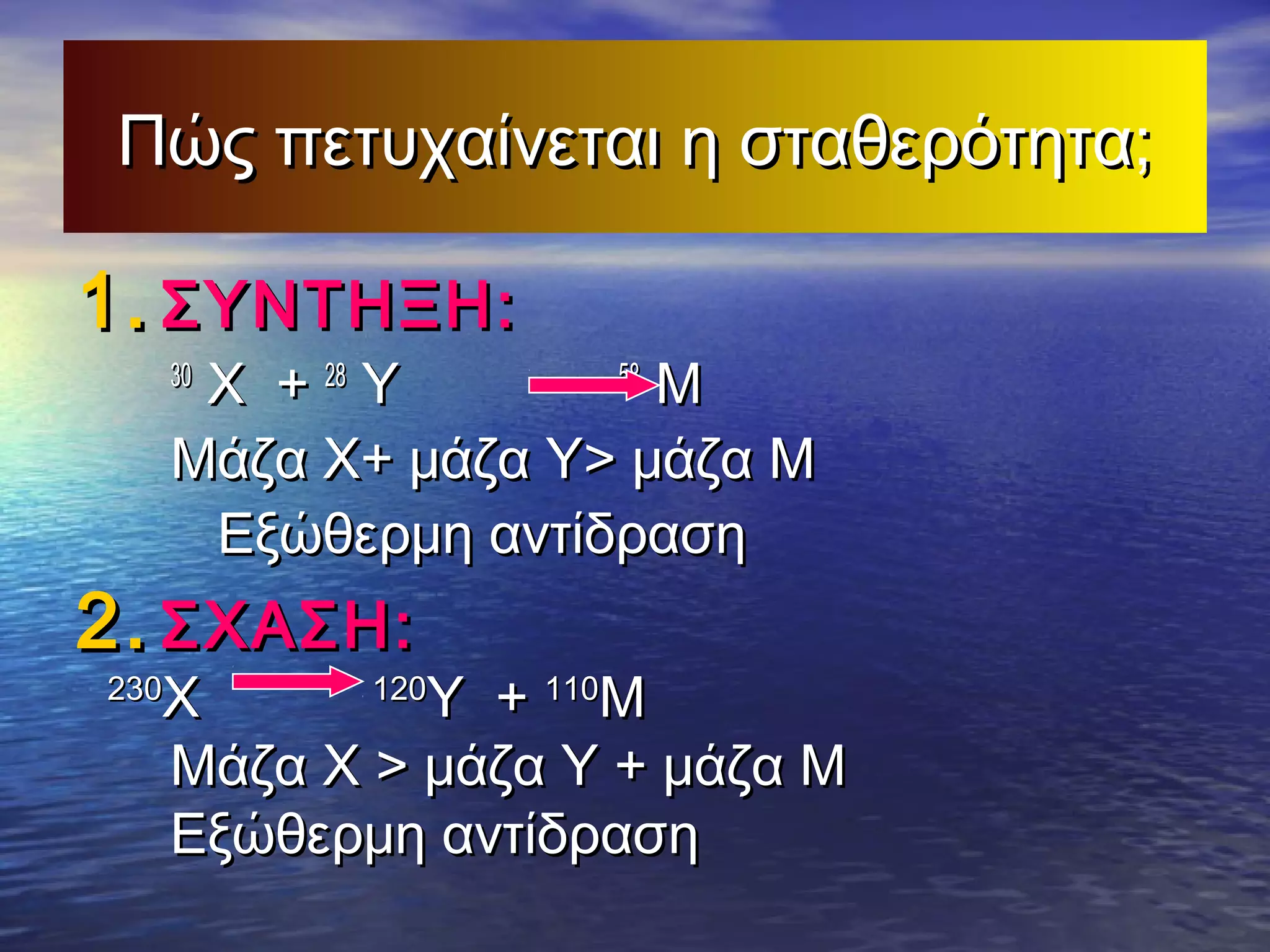 Πώς πετυχαίνεται η σταθερότητα;

1. ΣΥΝΤΗΞΗ:

58
Χ + 28 Υ
Μ
Μάζα Χ+ μάζα Υ> μάζα Μ
Εξώθερμη αντίδραση
30

2. ΣΧΑΣΗ:

120
Χ
Υ + 110Μ
Μάζα Χ > μάζα Υ + μάζα Μ
Εξώθερμη αντίδραση

230

 