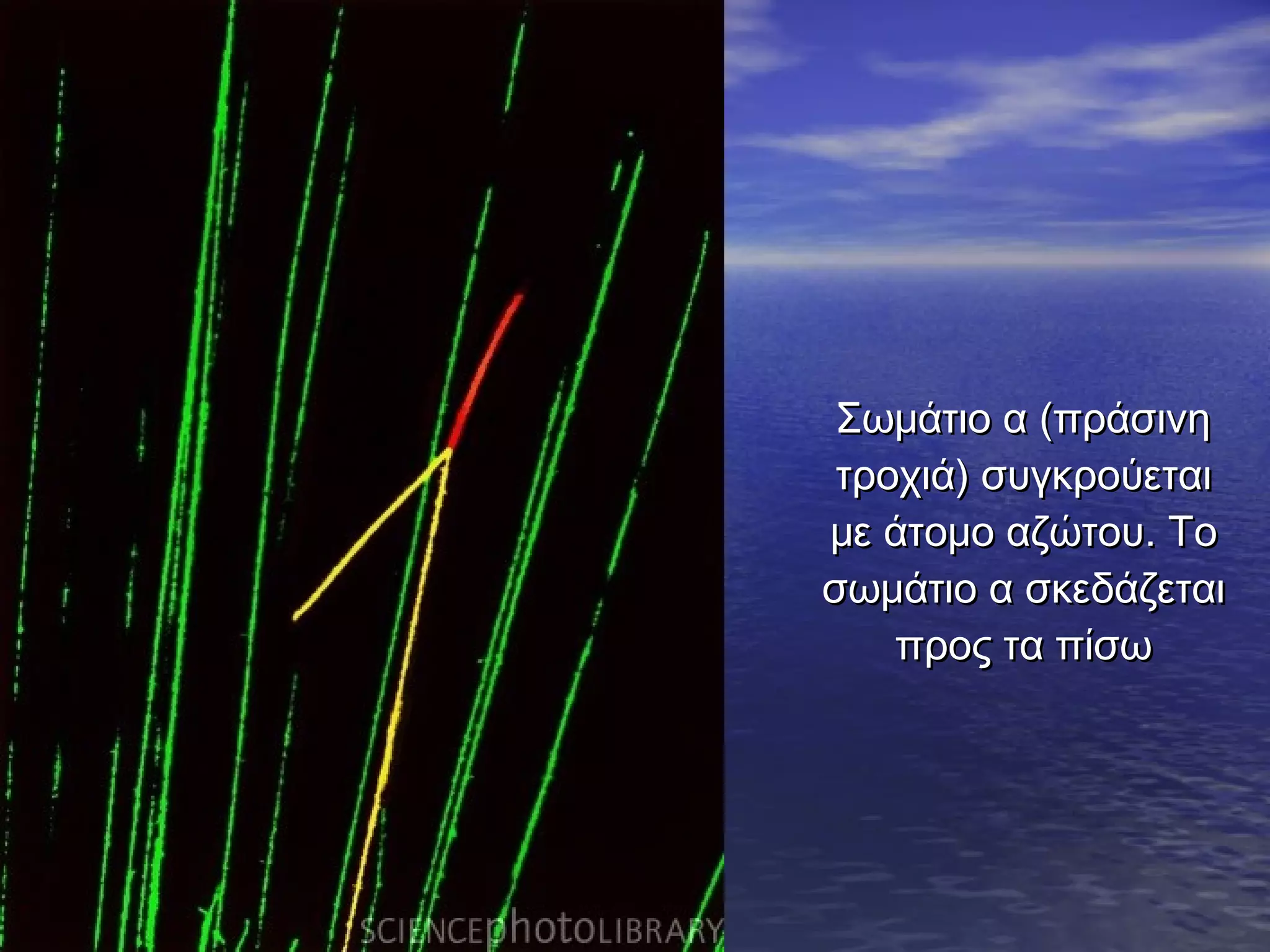 Σωμάτιο α (πράσινη
τροχιά) συγκρούεται
με άτομο αζώτου. Το
σωμάτιο α σκεδάζεται
προς τα πίσω

 