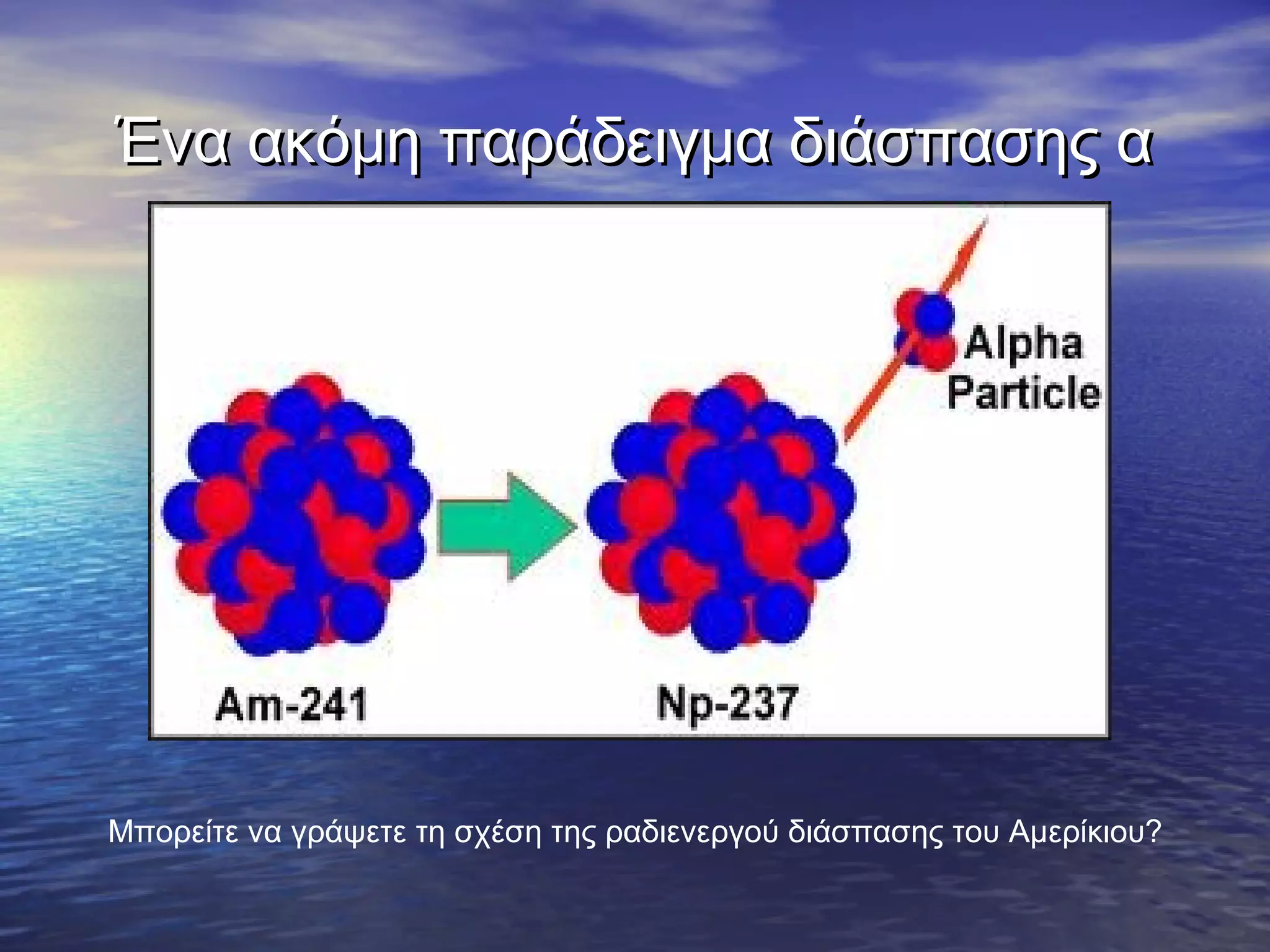 Ένα ακόμη παράδειγμα διάσπασης α

Μπορείτε να γράψετε τη σχέση της ραδιενεργού διάσπασης του Αμερίκιου?

 