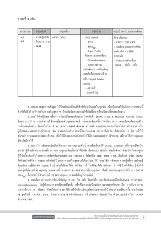 ตารางที่ 2 (ต่อ)
หน่วยงาน    กลุ่มปกติ          กลุ่มเสี่ยง                กลุ่มป่วย         กลุ่มป่วย+ภาวะแทรกซ้อน
รพท.  
 - ตรวจสุขภาพ
 คลินิก DPAC
- Good control
รักษา/รับrefer
รพศ.  
 - กิจกรรม 3 อ.
   -	FPG
- CAPD / HD / KT

- SRM
   -	HbA1C
-	การรักษาภาวะแทรกซ้อน
   -	Lipid Profile
ทางตาด้วย LASER/
- ค้นหาภาวะแทรกซ้อน
การผ่าตัด 
	 	-	Microalbuminuria
- ภาวะแทรกซ้อนอืนๆ
่
	 	-	การตรวจภาวะ
สมอง ,  หัวใจ , เท้า
แทรกซ้อนทางตาโดยจักษุ
 
แพทย์หรือการตรวจด้วย
กล้อง digital fundus 
camera
  - ตรวจเท้า
	 - ตรวจหัวใจ
	
1.	การตรวจสุขภาพเชิงรุก ให้มีหน่วยเคลื่อนที่เข้าไปดำเนินการในชุมชน เพื่อเป็นการให้บริการประชาชนนี้
ยังเข้าไม่ถึงถึงบริการด้านส่งเสริมสุขภาพ ป้องกันโรคและการให้คำปรึกษาเพื่อปรับเปลี่ยนพฤติกรรม 
  	 2.	การให้คำปรึกษา เพื่อการปรับเปลี่ยนพฤติกรรม โดยจัดตั้ง DPAC (Diet & Physical Activity Clinic)
ในสถานบริการ รวมทั้งการใช้แผนที่ทางเดินยุทธศาสตร์ เพื่อช่วยขับเคลื่อนให้เกิดมาตรการทางสังคมในการปรับ
เปลี่ยนพฤติกรรม โดยเน้นเรื่อง 3 อ. (อาหาร ออกกำลังกาย อารมณ์) กรมวิชาการและเจ้าหน้าที่สาธารณสุขจะเป็น
ผู้กำหนดมาตรการทางวิชาการ เช่น ควรออกกำลังกายเหนื่อยปานกลาง 30 นาทีต่อวัน สัปดาห์ละ 5 วัน แล้วให้
ชุมชนกำหนดมาตรการทางสังคม เพื่อให้มีการออกกำลังกายให้ได้ตามมาตรการทางวิชาการ เพื่อจะได้ควบคุมและ
ป้องกันโรคได้
  	 3.	การบริการรักษากลุ่มป่วยที่สามารถควบคุมระดับน้ำตาลในเลือดได้ (Good control) เนื่องจากปัจจุบัน
พบว่า ผู้ป่วยโรคเบาหวานที่สามารถควบคุมระดับน้ำตาลได้มีเพียงร้อยละ12 เท่านั้น ดังนั้นจึงควรที่จะมีเครือข่ายดูแล
ผู้ป่วยตั้งแต่ระดับโรงพยาบาลส่งเสริมสุขภาพตำบล (รพ.สต.) ไปจนถึง รพช. รพท. รพศ. ดังตัวอย่างเช่น รพ.สต.
ในจังหวัดพิจิตร สามารถกำกับผู้ป่วยเบาหวานในชุมชนให้มารับยาได้ และใช้การจัดการความรู้เพื่อการเรียนรู

้
โดยติดตามผู้ป่วยที่ควบคุมระดับน้ำตาลได้ดีจะได้ดาวสีเขียว ถ้าไม่ดีก็จะได้ดาวสีแดง ทำให้ผู้ป่วยได้เรียนรู้เพื่อให้

ทั้งกลุ่มได้ดาวสีเขียวทุกคน นอกจากนี้ การยกระดับสมรรถนะห้องปฏิบัติการในโรงพยาบาลชุมชนให้สามารถตรวจ
HbA1C ก็จะช่วยให้สามารถเฝ้าระวัง/ควบคุมเบาหวานให้อยู่ในระดับดี  
  	 4.	การค้นหาภาวะแทรกซ้อนทีสำคัญ ทางตา ไต เท้า โรคหัวใจ และโรคหลอดเลือดในสมอง การตรวจหา
่
microalbuminuria ในผู้ป่วยเบาหวานปีละหนึ่งครั้ง เพื่อค้นหาและป้องกันภาวะแทรกซ้อนทางไต การค้นหาภาวะ
แทรกซ้อนทางตา ดังเช่น จังหวัดนครสวรรค์มีการใช้กล้องถ่ายรูปจอประสาทตาผู้ป่วยเบาหวานปีละครั้ง ดำเนินการ
เชิงรุกไปที่ รพ.สต. รพช. มีพยาบาลวิชาชีพดำเนินการ แล้วส่งต่อมารับการรักษาด้วยLASERหรือการผ่าตัด

ที่ รพท./รพศ. 

แนวทางการดำเนินงาน

“โครงการสนองน้ำพระราชหฤทัยในหลวง ทรงห่วงใยสุขภาพประชาชน”
เพื่อถวายเป็นพระราชกุศล แด่พระบาทสมเด็จพระเจ้าอยู่หัว เนื่องในโอกาสที่จะทรงเจริญพระชนมพรรษา ๘๔ พรรษา ๕ ธันวาคม ๒๕๕๔

5

 