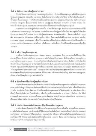 ขั้นที่ 4 จัดกิจกรรมการเรียนรู้ของประชาชน

	
ปัจจุบันปัญหาการเกิดโรคเบาหวานและความดันโลหิตสูง ส่วนใหญ่มีสาเหตุมาจากการมีพฤติกรรมสุขภาพ

ที่ไม่ถูกต้องของบุคคล ครอบครัว และชุมชน ดังนั้นในการดำเนินงานปัญหาให้ได้ผล ทั้งในเชิงป้องกันและแก้ไข
ทั้งในระยะสั้นและระยะยาว จำเป็นต้องปรับเปลี่ยนพฤติกรรมสุขภาพของประชาชนให้เหมาะสม ทั้งในระดับบุคคล
ครอบครัว และชุมชน ทั้งในกลุ่มวัยเรียน วัยทำงาน และผู้สูงอายุ ให้มีความรู้ ความเข้าใจ ความเชื่อ ค่านิยม และ
ทักษะที่จำเป็นด้านสุขภาพ ตลอดจนการจัดปัจจัยแวดล้อมที่เอื้อต่อการปรับเปลี่ยนพฤติกรรมสุขภาพ
	
การจัดกิจกรรมการเรียนรู้ให้แก่ประชาชนนั้น เจ้าหน้าที่สาธารณสุข สามารถดำเนินการจัดกิจกรรมได้ทั้ง
ภายในสถานบริการสาธารณสุข และในชุมชน การจัดกิจกรรมการเรียนรู้ทุกครั้งเจ้าหน้าที่สาธารณสุขจำเป็นที่จะต้อง
มีการประชาสัมพันธ์สร้างกระแส และการรับรู้ของประชาชน ผ่านช่องทางต่างๆ ที่สามารถเข้าถึงประชาชน

เช่น หอกระจายข่าว เสียงตามสาย เวทีประชุมประจำเดือน ป้ายประชาสัมพันธ์โรงพยาบาล และชุมชน อาสมัคร
สาธารณสุข (อสม.) แกนนำชุมชน เพื่อให้ประชาชนเกิดการมีส่วนร่วมในการดำเนินงานการปรับเปลี่ยนพฤติกรรม
สุขภาพ และมีการกำหนดมาตรการทางสังคม หรือข้อตกลงร่วมกันเพื่อการปรับเปลี่ยนพฤติกรรมสุขภาพที่ถูกต้อง
ของชุมชน 


ขั้นที่ 5 เฝ้าระวังพฤติกรรมสุขภาพ

	
การเฝ้าระวังพฤติกรรมทางสุขภาพ (Health behavior surveilance) เป็นกระบวนการหนึ่งที่มีความสำคัญ

ต่อการแก้ไขและป้องกันการเกิดโรคเบาหวานและความดันโลหิตสูงเป็นอย่างมาก ซึ่งมีสาเหตุโดยตรงจากพฤติกรรม
สุขภาพที่ไม่เหมาะสมของบุคคล ในการแก้ไขหรือการป้องกันพฤติกรรมสุขภาพที่ยังเป็นปัญหาจำเป็นที่จะต้อง
ป้องกันที่ พฤติกรรมของบุคคล ไม่ให้มีวิถีชีวิตที่เสี่ยงต่อการเป็นโรคเบาหวานและความดันโลหิตสูง จึงจำเป็นจะต้อง
ทราบว่า กลุ่มประชากรใดมีพฤติกรรมสุขภาพเสี่ยงต่อการเกิดโรค จึงจะสามารถให้คำแนะนำ หรือดำเนินการแก้ไข
ได้อย่างถูกต้องเหมาะสมและทันการณ์ ในขณะเดียวกันการเฝ้าระวังพฤติกรรมสุขภาพเป็นการติดตามแนวโน้ม

ของประชาชนที่เกี่ยวกับการมีพฤติกรรมสุขภาพ ที่ไม่เหมาะสม เสี่ยงต่อการเกิดโรคนั้นๆ เพื่อหาหนทางควบคุมและ
ป้องกัน หรือแก้ไขพฤติกรรมสุขภาพดังกล่าวต่อไป


ขั้นที่ 6 จัดเวทีแลกเปลี่ยนเรียนรู้ของทีมดำเนินงาน

	
การจัดเวทีแลกเปลี่ยนเรียนรู้ของทีมดำเนินงานการปรับเปลี่ยนพฤติกรรมสุขภาพในการป้องกันโรคเบาหวาน
และความดันโลหิตสูง มีวัตถุประสงค์เพื่อแลกเปลี่ยนประสบการณ์ระหว่างทีมดำเนินงานด้วยกัน เพื่อให้เกิดการเรียน
รู้ร่วมกัน และมีทักษะในการพัฒนาการปรับเปลี่ยนพฤติกรรมสุขภาพลดโรคได้อย่างถูกต้อง การจัดเวทีแลกเปลี่ยน
เรียนรู้ เป็นเครื่องมือที่นำมาใช้ในองค์กรต่างๆ เพื่อให้บรรลุเป้าหมายอย่างน้อย 4 ประการ ไปพร้อมๆ กัน ได้แก่
การบรรลุเป้าหมายของงาน การบรรลุเป้าหมายของการพัฒนาคน บรรลุเป้าหมายการพัฒนาทีมงาน และการบรรลุ
เป้าหมายการพัฒนาองค์กร อันจะนำองค์กรไปสู่องค์กรแห่งการเรียนรู้ในอนาคต


ขั้นที่ 7 การประเมินผลการดำเนินงานการปรับเปลี่ยนพฤติกรรมสุขภาพ

	
การประเมินผลเป็นเทคนิคที่นำมาใช้ในการบริหารแผนงานและโครงการป้องกัน ควบคุมโรคเบาหวานและ
ความดันโลหิตสูงในชุมชน และเป็นเทคนิคที่ได้รับการยอมรับเพิ่มขึ้นเรื่อยๆ จนกลายเป็นเครื่องมือบริหารแผนงาน
และโครงการ เพราะสามารถใช้ในการบริหาร ควบคุมกำกับ สร้างผลงานให้ตรงกับวัตถุประสงค์ของแผนงาน

และโครงการได้ โดยเฉพาะอย่างยิ่งสามารถชี้วัดผลที่เกิดแก่คน กลุ่มคน สังคม และกิจกรรมต่างๆ ในการพัฒนา
ทำให้เกิดความเข้าใจในกระบวนการพัฒนางานมากขึ้น

62

แนวทางการดำเนินงาน

“โครงการสนองน้ำพระราชหฤทัยในหลวง ทรงห่วงใยสุขภาพประชาชน”
เพื่อถวายเป็นพระราชกุศล แด่พระบาทสมเด็จพระเจ้าอยู่หัว เนื่องในโอกาสที่จะทรงเจริญพระชนมพรรษา ๘๔ พรรษา ๕ ธันวาคม ๒๕๕๔

 