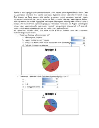 Азийн ихэнхи орнууд ийм тогтолцоотой аж. Мөн Paybox гэсэн хувилбар бас байна. Энэ
нь даатгалын компани бус, эдийн засагчдаас бүрдсэн зөвлөл маягийн бүтэцтэй газар.
Тэр зөвлөл нь банк санхүүгийн салбар хүндралд ороод харилцах дансдыг тавих
тохиолдолд тодорхой дүнд нь үндэслэн нэг байгууллагыг хөлслөөд ажиллуулдаг байна.
Мөн эрсдэлийг бага зэрэг бууруулж хязгаарлагдмал хүчин чадлаар ажилладаг хэлбэр ч
байдаг. Энэ нь ихэвчлэн Европын орнуудад үйлчилдэг тогтолцоо аж. Харин манай орны
хувьд ямар хадгаламжийн даатгалын төрлийг нэвтрүүлвэл зохимжтой вэ? гэдгийг
тодруулхийн тулд дараах судалгааг иргэдийн дунд хийсэн болно.
Уг судалгаанд Голомт банк, Хас банк болон Капитал банкны нийт 60 хадгаламж
эзэмшигч оролцсон болно.
1. Та яагаад банкаар үйлчилүүлдэг вэ?
a. Найдвартай учираас
b. Ажил хялбарчилдаг учираас
c. Биедээ их хэмжээний бэлэн мөнгө авч явах боломжгүй
d. Зайлшгүй шаардлага гардаг

График 1
4
13%

1
20%

3
23%
2
44%

2. Та мөнгөн хөрөнгөө хэдэн банкинд тараан байршуулдаг вэ?
a. 1
b. 2
c. 3-4
d. 5 ба түүнээс дээш
e.
4
10%

График 2
1
33%

3
15%
2
42%

 