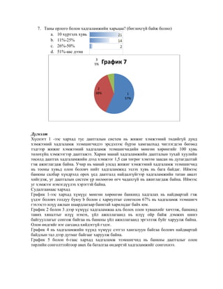 7. Таны орлого болон хадгаламжийн харьцаа? (бөглөхгүй байж болно)
a. 10 хүртэлх хувь
b. 11%-25%
c. 26%-50%
d. 51%-аас дээш
3
5%

График 7

2
38%

1
57%

Дүгнэлт
Хүснэгт 1 -ээс хархад тус даатгалын систем нь жижиг хэмжээний төдийгүй дунд
хэмжээний хадгаламж эзэмшигчидээ эрсдэлээс бүрэн хамгаалхад чиглэгдсэн бөгөөд
тэдгээр жижиг хэмжээний хадгаламж эзэмшигчидийн мөнгөн хөрөнгийг 100 хувь
төлөхүйц хэмжээгээр даатгажээ. Харин манай хадгаламжийн даатгалын тухай хуулийн
төсөлд даатгах хадгаламжийн дээд хэмжээг 1,5 сая төгрөг хэмээн заасан нь дутагдалтай
гэж ажиглагдаж байна. Учир нь манай улсад жижиг хэмжээний хадгаламж эзэмшигчид
нь тооны хувьд олон боловч нийт хадгаламжид эзлэх хувь нь бага байдаг. Иймээс
банкны салбар хүндрэлд орох үед даатгалд найдалгүйгээр хадгаламжийн татан авалт
хийгдэж, уг даатгалын систем үр нөлөөгөө өгч чадахгүй нь ажиглагдаж байна. Иймээс
уг хэмжээг нэмэгдүүлэх хэрэгтэй байна.
Судалгаанаас хархад
График 1-ээс хархад хүмүүс мөнгөн хөрөнгөө банкинд хадгалах нь найдвартай гэж
үздэг боловч голдуу буюу b болон c хариултыг сонгосон 67% нь хадгаламж эзэмшигч
гэхээсээ илүү ажлын шаардлагаар банктай харилцдаг байх юм.
График 2 болон 3 дээр хүмүүс хадгаламжаа аль болох олон хуваахийг хичээж, банкинд
тавих хяналтыг илүү нэмэх, үйл ажиллагаанд нь илүү ойр байж дэмжих шинэ
байгууллагыг сонгож байгаа нь банкны үйл ажиллагаанд эргэлзэж буйг харуулж байна.
Олон өндгийг нэг сагсанд хийдэггүй гэдэг.
График 4 нь хадгаламжийн хүүнд хүмүүс сэтгэл хангалуун байгаа боловч найдвартай
байдлын тал дээр дутмаг байгааг харуулж байна.
График 5 болон 6-гаас хархад хадгаламж эзэмшигчид нь банкны даатгалыг олон
төрлийн сонголттойгоор авах ба баталгаа өндөртэй хадгаламжийг сонгохнээ.

 
