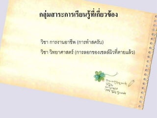 กลุ่มสาระการเรียนรู้ทเี่ กียวข้ อง
่
วิชา การงานอาชีพ (การทาสครับ)
วิชา วิทยาศาสตร์ (การลอกของเซลล์ผิวที่ตายแล้ ว)

 