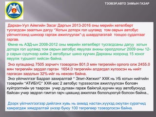 ТЭЭВЭР,АВТО ЗАМЫН ГАЗАР

Дархан-Уул Аймгийн Засаг Даргын 2013-2016 оны мөрийн хөтөлбөрт
тусгагдсан заалтын дагуу “Хотын доторх гол шугамд том оврын автобус
үйлчилгээнд шинээр гаргаж ажиллуулах”-д шаардлагатай тооцоо судалгааг
гаргав.
Өмнө нь АЗД-ын 2008-2012 оны мөрийн хөтөлбөрт тусгагдсаны дагуу хотын
доторх гол шугамд том оврын автобус явуулах анхны оролдлогыг 2009 оны 12р сарын сүүлчээр хийж 2 автобусыг шинэ хуучин Дарханы хооронд 15 хоног
явуулж туршилт хийсэн байна.
Энэ хугацаанд 7505 зорчигч тээвэрлэн 801,0 мян төгрөгийн орлого олж 2455.0
мян төгрөгийн зардал гарган 1654.0 төгрөгийн алдагдал хүлээсэн нь нийт
гаргасан зардлын 32%-ийг нь нөхсөн байна.
Энэ үйлчилгээг Бадрал захиралтай “ Элит-Хөгжил” ХХК нь УБ хотын нийтийн
тээврийн “АТИБУС” ХХК-аас 2 автобус түрэээслэж ажиллуулсан боловч
хүйтрэлтийн үе таарсан учир дулаан гараж байхгүй,хуучин муу автобуснууд
байсан учир эвдрэл гэмтэл гарч цаашид ажиллах бололцоогүй болсон байна.,
Дээрх үйлчилгээгээр дийлэнх хувь нь ахмад настан,хүүхэд.оюутан сурагчид
хамрагдаж хямдралтай үнээр буюу 100 төгрөгөөр тээвэрлэсэн байна.

 