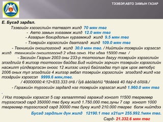 ТЭЭВЭР,АВТО ЗАМЫН ГАЗАР

Е. Бусад зардал.
Тээврийн хэрэгслийн татварт жилд 70 мян төг
- Авто замын хураамж жилд 12.0 мян төг
- Агаарын бохирдолын хураамжид жилд 9.5 мян төг
- Тээврийн хэрэгслийн даатгалд жилд 109.0 мян төг
- Техникийн оношлогоонд жилд 30.0 мян төг. / Нийтийн тээврийн хэрэгсэл
жилд техникийн оношлогоонд 2 удаа орно. Нэг удаа 15000 төг /
- Засгийн Газрын 2003 оны 233-р тогтоолын дагуу тээврийн хэрэгслийн
элэгдлийг 6 жилээр тогтоосон байдаг.Бид нийтийн зорчигч тээврийн хэрэгслийн
насжилт үйлдвэрлэсэн оноос 12 жилээс ихгүй байлгадаг тул орж ирэх автобус
2006 оных тул элэгдлийг 4 жилээр авбал тээврийн хэрэгслийн элэгдэлд жилд нэг
тээâрийн хэрэгсэл 9999.6 мян,төг.
/ 40000000:4:12=833.333 òºã / Íýã àâòîáóñíû ºðòãèéã 40 ñàÿ-ð òîîöîâ./
- Гаражийн түрээсийн зардалд нэг тээврийн хэрэгсэл жилд 1.960.0 мян төг
.
/ Нэг тээврийн хэрэгсэл 5 сар халаалттай гаражид хоногт 11500 төгрөгөөр
түрээслэхэд сард 350000 төг буюу жилд 1.750.000 төг,зуны 7 сар хоногт 1000
төгрөгөөр түрээслэхэд сард 30000 төг буюу жилд 210.000 төгрөг болж нийтдээ
жилд 1.960.000 Бусад зардлынзарцуулах шаардлагатайx21ш= 255.992.1мян төг.
мянган төгрөг дүн жилд 12190.1 төг болно./
Сард- 21.332.6 мян төг

 