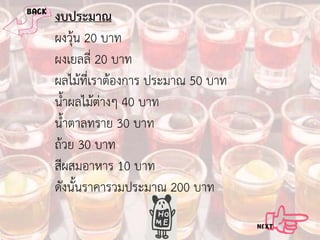 งบประมาณ
ผงวุน 20 บาท
ผงเยลลี่ 20 บาท
ผลไมที่เราตองการ ประมาณ 50 บาท
น้ําผลไมตางๆ 40 บาท
น้ําตาลทราย 30 บาท
ถวย 30 บาท
สีผสมอาหาร 10 บาท
ดังนั้นราคารวมประมาณ 200 บาท

 