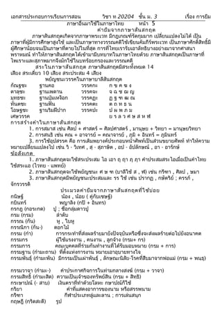 เอกสารประกอบการเรียนการสอน
วิชา ท 20204 ชั้น ม. 3
เรื่อง การยืม
ภาษาอื่นมาใช้ในภาษาไทย
หน้า 5
คำา ยืม จากภาษาสัน สกฤต
ภาษาสันสกฤตเกิดจากภาษาพระเวท มีกฎเกณฑ์รัดกุมมาก เปลี่ยนแปลงไม่ได้ เป็น
ภาษาที่ผู้มีการศึกษาสูงใช้ และเป็นภาษาทางวรรณคดีใช้เขียนคัมภีร์พระเวท เป็นภาษาศักดิ์สิทธิ์มี
ผู้ศึกษาน้อยจนเป็นภาษาที่ตายไปในที่สุด การที่ไทยเรารับเอาลัทธิบางอย่างมาจากศาสนา
พราหมณ์ ทำาให้ภาษาสันสกฤตได้เข้ามามีบทบาทในภาษาไทยด้วย ภาษาสันสกฤตเป็นภาษาที่
ไพเราะและสุภาพมากจึงมักใช้ในบทร้อยกรองและวรรณคดี
สระในภาษาสัน สกฤต ภาษาสันสกฤตมีสระทั้งหมด 14
เสียง สระเดี่ยว 10 เสียง สระประสม 4 เสียง
พยัญชนะวรรคในภาษาบาลีสันสกฤต
กัณฐชะ
ฐานคอ
วรรคกะ
กขคฆง
ตาลุชะ
ฐานเพดาน
วรรคจะ
จฉชฌญ
มุทธชะ
ฐานปุ่มเหงือก
วรรคฏะ
ฏฐฑฒณ
ทันตชะ
ฐานฟัน
วรรคตะ
ตถทธน
โอษฐชะ
ฐานริมฝีปาก
วรรคปะ
ปผพภม
เศษวรรค
ยรลวศษสหฬ
การสร้า งคำา ในภาษาสัน สกฤต
1. การสมาส เช่น ศิลป + ศาสตร์ = ศิลปศาสตร์ , มานุษย + วิทยา = มานุษยวิทยา
2. การสนธิ เช่น คณ + อาจารย์ = คณาจารย์ , ภูมิ + อินทร์ = ภูมินทร์
3. การใช้อุปสรรค คือ การเติมพยางค์ประกอบหน้าศัพท์เป็นส่วนขยายศัพท์ ทำาให้ความ
หมายเปลี่ยนแปลงไป เช่น วิ - วิเทศ , สุ - สุภาษิต , อป - อัปลักษณ์ , อา - อารักษ์
ข้อ สัง เกต
1. ภาษาสันสกฤตจะใช้สระประสม ไอ เอา ฤ ฤา ฦ ฦา คำาประสมสระไอเมื่อเป็นคำาไทย
ใช้สระแอ (ไวทย - แพทย์)
2. ภาษาสันสกฤตจะใช้พยัญชนะ ศ ษ ฑ (บาลีใช้ ส , ฬ) เช่น กรีฑา , ศิลป , ษมา
3. ภาษาสันสกฤตมีพยัญชนะประสมและ รร ใช้ เช่น ปรากฏ , กษัตริย์ ; ครรภ์ ,
จักรวรรดิ
ประมวลคำา ยืม จากภาษาสัน สกฤตที่ใ ช้บ ่อ ย
กนิษฐ์
น้อง , น้อย ( คู่กับเชษฐ์)
กบินทร์
พญาลิง (กปิ + อินทร)
กรกฎ (กอระกด)
ปู ; ชื่อกลุ่มดาวปู
กรม (กฺรม)
ลำาดับ
กรรณ (กัน)
หู , ใบหู
กรรณิกา (กัน-)
ดอกไม้
กรรม (กำา)
การกระทำาที่ส่งผลร้ายมายังปัจจุบันหรือซึ่งจะส่งผลร้ายต่อไปยังอนาคต
กรรมกร
ผู้ใช้แรงงาน , คนงาน , ลูกจ้าง (กรฺม+ กร)
กรรมการ
คณะบุคคลที่ร่วมกันทำางานที่ได้รับมอบหมาย (กรฺม + การ)
กรรมฐาน (กำามะถาน) ทีตั้งแห่งการงาน หมายเอาอุบายทางใจ
่
กรรมพันธุ์ (กำามะพัน) มีกรรมเป็นเผ่าพันธุ์ , ลักษณะนิสัย-โรคที่สืบมาจากพ่อแม่ (กรฺม + พนฺธุ)
กรรมวาจา (กำามะ-)
คำาประกาศกิจการในท่ามกลางสงฆ์ (กรฺม + วาจา)
กรรมสิทธิ์ (กำามะสิด) ความเป็นเจ้าของทรัพย์สิน (กรฺม + สิทฺธิ)
กระษาปณ์ (- สาบ)
เงินตราที่ทำาด้วยโลหะ กษาปณ์ก็ใช้
กริยา
คำาที่แสดงอาการของนาม หรือสรรพนาม
กรีฑา
กีฬาประเภทลู่และลาน ; การเล่นสนุก
กฤษฎี (กฺริดสะดี)
รูป

 