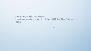 -

I was angry with my friend;
I told my wrath, my wrath did end (Blake, The Poison
Tree
–

 