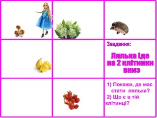 1) Покажи, де має
стати лялька?
2) Що є в тій
клітинці?

 