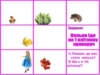 1) Покажи, де має
стати лялька?
2) Що є в тій
клітинці?

 