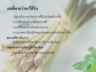 ผลที่คาดว่ าจะได้ รับ
1.ผู้คนหันมาสนใจอาหารที่มีประโยชน์มากขึ ้น
2.คนที่รับประทานจะมีสขภาพดี
ุ
3.คนที่รับประทานไม่เจ็บป่ วยง่าย
4.ประเทศอาเซียนรู้ จกสมุนไพรของประเทศไทยมากขึ ้น
ั
สถานที่ดาเนินการ
โรงเรี ยนยุพราชวิทยาลัย อ.เมือง จ.เชียงใหม่
กลุ่มสาระการเรี ยนรู้ ท่ เกี่ยวข้ อง
ี
กลุมสาระการงานอาชีพ และเทคโนโลยี
่

 