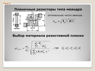 Тема 3

Пленочные резисторы типа меандра
оптимальное число звеньев

nопт

lср t B L

Выбор материала резистивной пленки
n

2

i 1

b
0опт

Ri

n

( Ri

l
i 1

, где

i

2
i

)

1

2
i

2
Ri

2
0

2
bi

2
Li

 