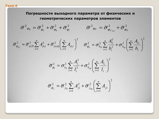 Тема 6

Погрешности выходного параметра от физических и
геометрических параметров элементов
2

2
R

2

0

2
0

2

0П

n
i 1

b

А20i

2
0ср

2
l

2
j

2

2

2
C

l

C уд

n

А

i 1

b

2

n
i 1

А 0i

2
lП

2
jП

2

n

Аl2
i

i 1

li2

n
i 1

2
bП

b

А2
ji

2
bср

2
j ср

2

n

Аli

i 1

2
bi
2
i

2

li

n
i 1

2

А ji

S

2
bср

n

Аbi

i 1

bi

2

 