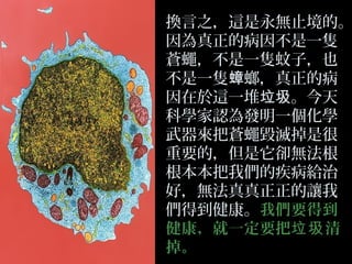換言之，這是永無止境的。
因為真正的病因不是一隻
蒼蠅，不是一隻蚊子，也
不是一隻蟑螂，真正的病
因在於這一堆垃圾。今天
科學家認為發明一個化學
武器來把蒼蠅毀滅掉是很
重要的，但是它卻無法根
根本本把我們的疾病給治
好，無法真真正正的讓我
們得到健康。我們要得到
健康，就一定要把垃圾 清
掉。

 