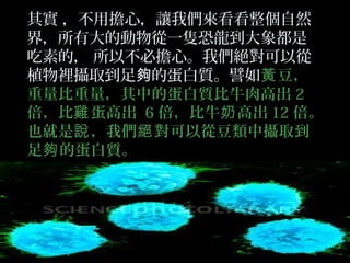 其實 ，不用擔心，讓我們來看看整個自然
界，所有大的動物從一隻恐龍到大象都是
吃素的， 所以不必擔心。我們絕對可以從
植物裡攝取到足夠的蛋白質。譬如黃 豆，
重量比重量，其中的蛋白質比牛肉高出 2
倍，比雞 蛋高出 6 倍，比牛奶 高出 12 倍。
也就是說 ，我們絕 對可以從豆類中攝取到
足夠 的蛋白質。

 