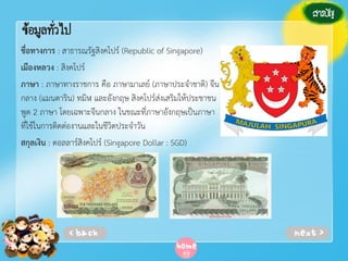 ข้อมูลทัวไป
่
ชื่อทางการ : สาธารณรัฐสิงคโปร์ (Republic of Singapore)
เมืองหลวง : สิงคโปร์
ภาษา : ภาษาทางราชการ คือ ภาษามาเลย์ (ภาษาประจําชาติ) จีน
กลาง (แมนดาริน) ทมิฬ และอังกฤษ สิงคโปร์ส่งเสริมให้ประชาชน
พูด 2 ภาษา โดยเฉพาะจีนกลาง ในขณะที่ภาษาอังกฤษเป็นภาษา
ที่ใช้ในการติดต่องานและในชีวิตประจําวัน
สกุลเงิน : ดอลลาร์สิงคโปร์ (Singapore Dollar : SGD)

 