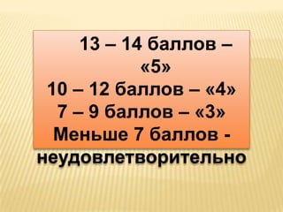 13 – 14 баллов –
«5»
10 – 12 баллов – «4»
7 – 9 баллов – «3»
Меньше 7 баллов неудовлетворительно

 