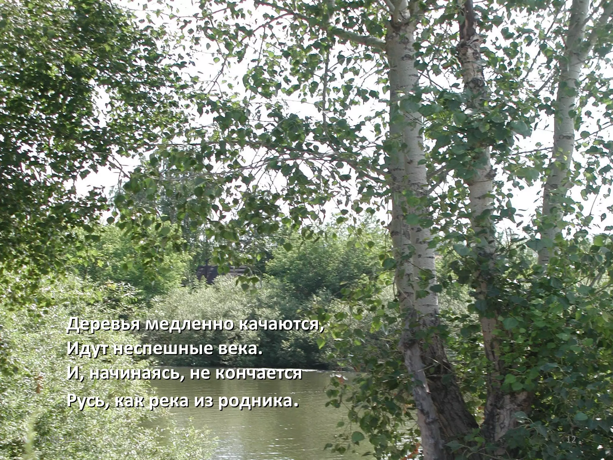 Деревья медленно качаются,
Идут неспешные века.
И, начинаясь, не кончается
Русь, как река из родника.
14.02.14

12

 