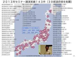２０１３年セミナー講演実績１４３件（３９都道府県を制覇）
(香川県)香川県商工会連合会

(新潟県)越路商工会

(新潟県)国土交通省北陸地方整備局 (香川県)坂出市
(香川県)坂出商工会議所
(新潟県)糸魚川商工会議所

(滋賀県)草津商工会議所
(滋賀県)米原市商工会
(秋田県)秋田県損害保険代理業協会

(新潟県)新井商工会議所

(埼玉県)草加市

(青森県)南部町商工会

(新潟県)新潟県写真館協会

(埼玉県)白岡市商工会

(青森県)八戸市

(新潟県)新潟県写真館協会青年部

(埼玉県)八潮市商工会

(石川県)加賀市

(新潟県)新潟北青年会議所

(埼玉県)本庄商工会議所

(石川県)石川県工業試験場

(新潟県)第四銀行

(山形県)温泉米沢八湯会

(千葉県)ちばぎん総合研究所

(新潟県)中小企業大学校三条校

(山形県)庄内町新産業創造協議会

(大阪府)紀陽ビジネスクラブ

(新潟県)長岡商工会議所

(山形県)長井商工会議所

(長野県)阿智村商工会

(新潟県)津川商工会

(山形県)鶴岡市

(長野県)中野商工会議所

(新潟県)柏崎市

(山形県)米沢市

(長野県)長野市

(愛知県)豊橋市

まだ講演していない県(泣)

(長野県)東御市商工会

(愛媛県)伊予商工会議所

神奈川・山梨・島根・沖縄

(愛媛県)鬼北町商工会
(愛媛県)吉田三間商工会

奈良・ 三重・京都・高知

(東京都)国分寺市商工会
(東京都)小平商工会
(東京都)東京都トラック協会

(愛媛県)周桑商工会

(東京都)八王子商工会議所

(愛媛県)松野町商工会

(徳島県)阿波池田商工会議所

(愛媛県)新居浜商工会議所

(富山県)高岡商工会議所

(茨城県)下館商工会議所

(富山県)朝日町商工会

(茨城県)石岡商工会議所

(福井県)ふくい産業支援センター

(岡山県)備中西商工会

(福井県)武生商工会議所

(群馬県)渋川商工会議所

(福井県)福井市あんのん

(群馬県)新田町商工会

(福岡県)福岡商工会議所

(佐賀県)伊万里商工会議所

(福島県)農業経営確立発展研修会

(岩手県)盛岡市

(和歌山県)新宮商工会議所

(宮城県)仙台市

数字はFacebookチェックイン数 2013.12.29付

イーンスパイア(株) 横田秀珠の著作権を尊重しつつ、是非ノウハウはシェアして行きましょう。

2

 