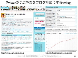 Twitterのつぶやきをブログ形式にするtwilog

http://twilog.org/enspire_co_jp

http://twilog.org/enspire_co_jp/stats

イーンスパイア(株) 横田秀珠の著作権を尊重しつつ、是非ノウハウはシェアして行きましょう。

29

 