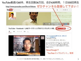 YouTube動画1260本、再生回数36万回、合計630時間、１日550回再生
http://www.youtube.com/ShurinYokota

ぜひチャンネル登録して下さい！

Yahoo!Googleで
「YouTubeコンサルタント」検索
イーンスパイア(株) 横田秀珠の著作権を尊重しつつ、是非ノウハウはシェアして行きましょう。

3

 