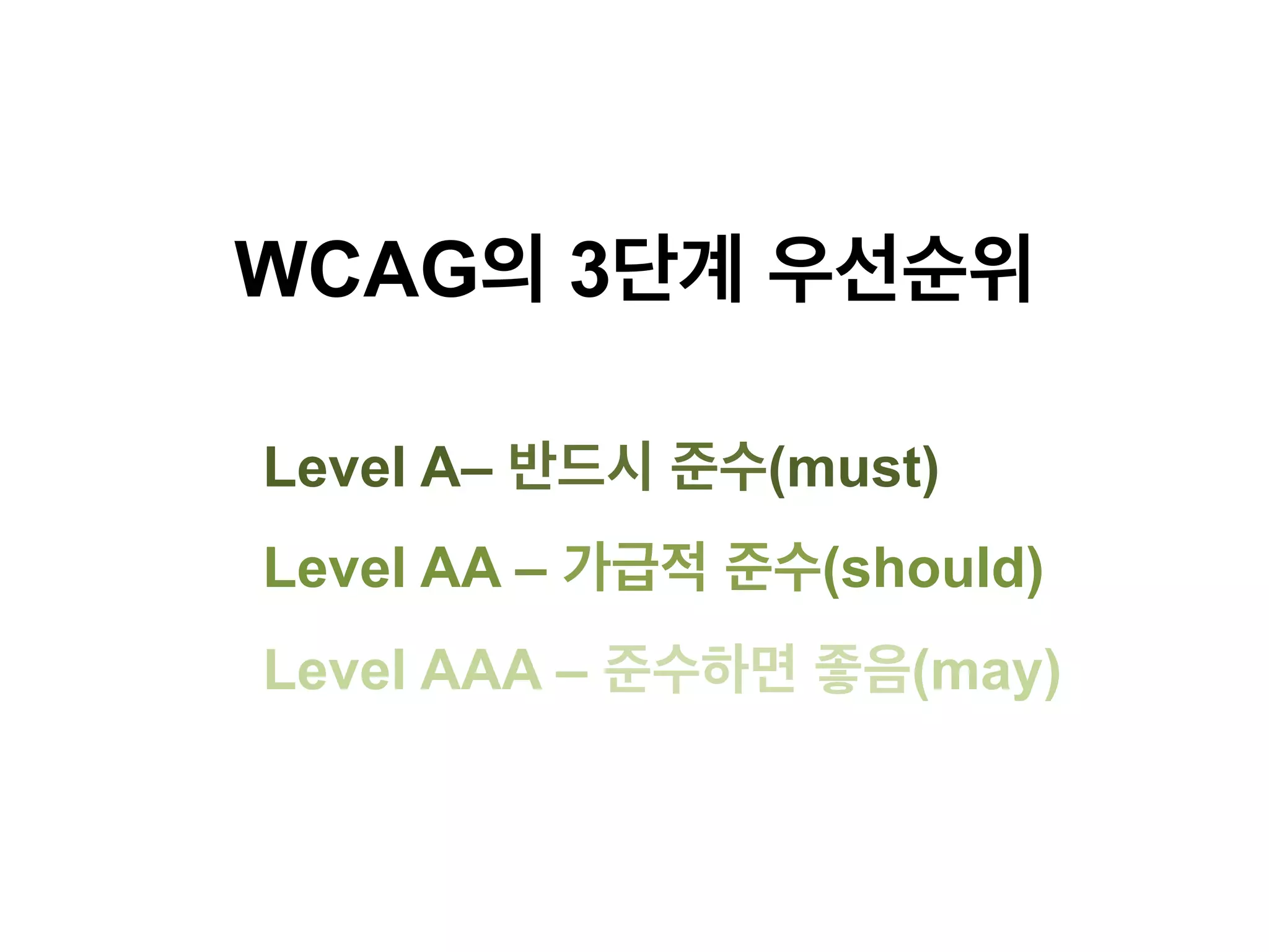 WCAG의 3단계 우선순위
Level A– 반드시 준수(must)
Level AA – 가급적 준수(should)
Level AAA – 준수하면 좋음(may)

 