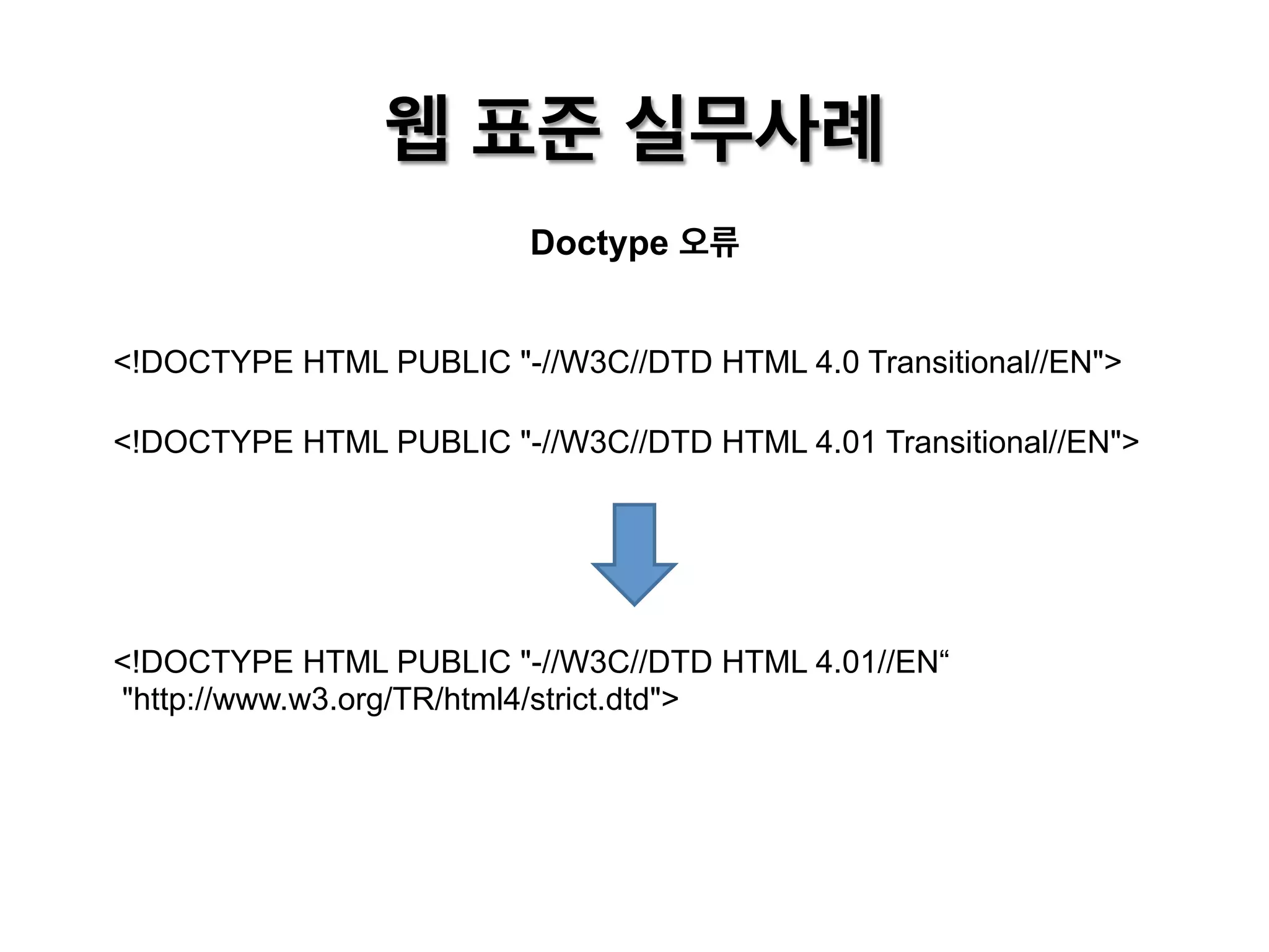 웹 표준 실무사례
Doctype 오류
<!DOCTYPE HTML PUBLIC "-//W3C//DTD HTML 4.0 Transitional//EN">
<!DOCTYPE HTML PUBLIC "-//W3C//DTD HTML 4.01 Transitional//EN">

<!DOCTYPE HTML PUBLIC "-//W3C//DTD HTML 4.01//EN“
"http://www.w3.org/TR/html4/strict.dtd">

 