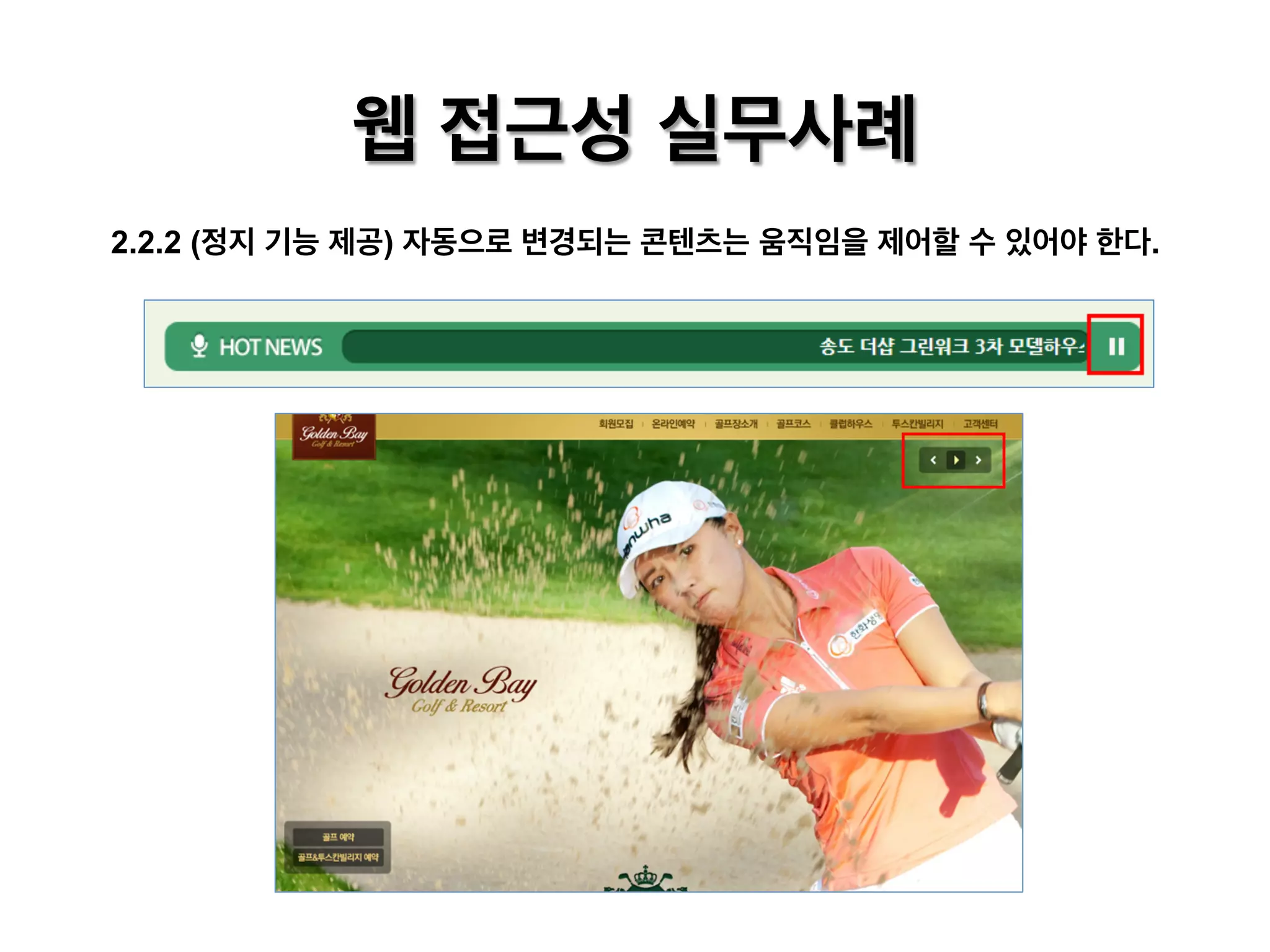 웹 접근성 실무사례
2.2.2 (정지 기능 제공) 자동으로 변경되는 콘텐츠는 움직임을 제어할 수 있어야 한다.

 