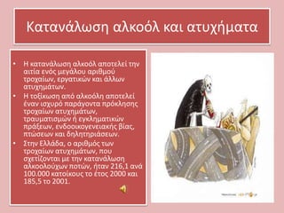 Κατανάλωςθ αλκοόλ και ατυχιματα
• Η κατανάλωςθ αλκοόλ αποτελεί τθν
αιτία ενόσ μεγάλου αρικμοφ
τροχαίων, εργατικϊν και άλλων
ατυχθμάτων.
• Η τοξίκωςθ από αλκοόλθ αποτελεί
ζναν ιςχυρό παράγοντα πρόκλθςθσ
τροχαίων ατυχθμάτων,
τραυματιςμϊν ι εγκλθματικϊν
πράξεων, ενδοοικογενειακισ βίασ,
πτϊςεων και δθλθτθριάςεων.
• ΢τθν Ελλάδα, ο αρικμόσ των
τροχαίων ατυχθμάτων, που
ςχετίηονται με τθν κατανάλωςθ
αλκοολοφχων ποτϊν, ιταν 216,1 ανά
100.000 κατοίκουσ το ζτοσ 2000 και
185,5 το 2001.

 