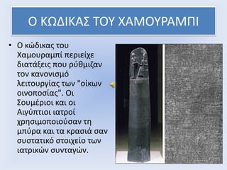 Ο ΚΩΔΙΚΑ΢ ΣΟΤ ΧΑΜΟΤΡΑΜΠΙ
• Ο κϊδικασ του
Χαμουραμπί περιείχε
διατάξεισ που ρφκμιηαν
τον κανονιςμό
λειτουργίασ των "οίκων
οινοποςίασ". Οι
΢ουμζριοι και οι
Αιγφπτιοι ιατροί
χρθςιμοποιοφςαν τθ
μπφρα και τα κραςιά ςαν
ςυςτατικό ςτοιχείο των
ιατρικϊν ςυνταγϊν.

 