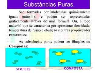 Substâncias Puras
São formadas por moléculas quimicamente
iguais entre si e podem ser representadas
graficamente através de uma fórmula. Ou, é todo
material que se caracteriza por apresentar densidade,
temperatura de fusão e ebulição e outras propriedades
constantes.
As substâncias puras podem ser Simples ou
Compostas:

SIMPLES

COMPOSTA

 
