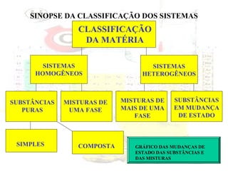 SINOPSE DA CLASSIFICAÇÃO DOS SISTEMAS

CLASSIFICAÇÃO
DA MATÉRIA
SISTEMAS
HOMOGÊNEOS

SUBSTÂNCIAS
PURAS

SIMPLES

MISTURAS DE
UMA FASE

COMPOSTA

SISTEMAS
HETEROGÊNEOS

MISTURAS DE
MAIS DE UMA
FASE

SUBSTÂNCIAS
EM MUDANÇA
DE ESTADO

GRÁFICO DAS MUDANÇAS DE
ESTADO DAS SUBSTÂNCIAS E
DAS MISTURAS

 