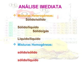 ANÁLISE IMEDIATA
 Misturas Heterogêneas:
Sólido/sólido
Sólido/líquido
Sólido/gás
Líquido/líquido
 Misturas Homogêneas:
sólido/sólido
sólido/líquido

 