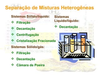 Separação de Misturas Heterogêneas
Sistemas Sólido/líquido:
 Filtração
 Decantação

Sistemas
Líquido/líquido:
 Decantação

 Centrifugação
 Cristalização Fracionada
Sistemas Sólido/gás:
 Filtração
 Decantação
 Câmara de Poeira

 