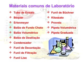 Materiais comuns de Laboratório
 Tubo de Ensaio

 Funil de Büchner

 Béquer

 Kitassato

 Erlenmeyer

 Proveta

 Balão de Fundo Chato

 Pipeta Volumétrica

 Balão Volumétrico

 Pipeta Graduada

 Balão de Destilação
 Condensador
 Funil de Decantação
 Funil de Filtração
 Funil Liso

 