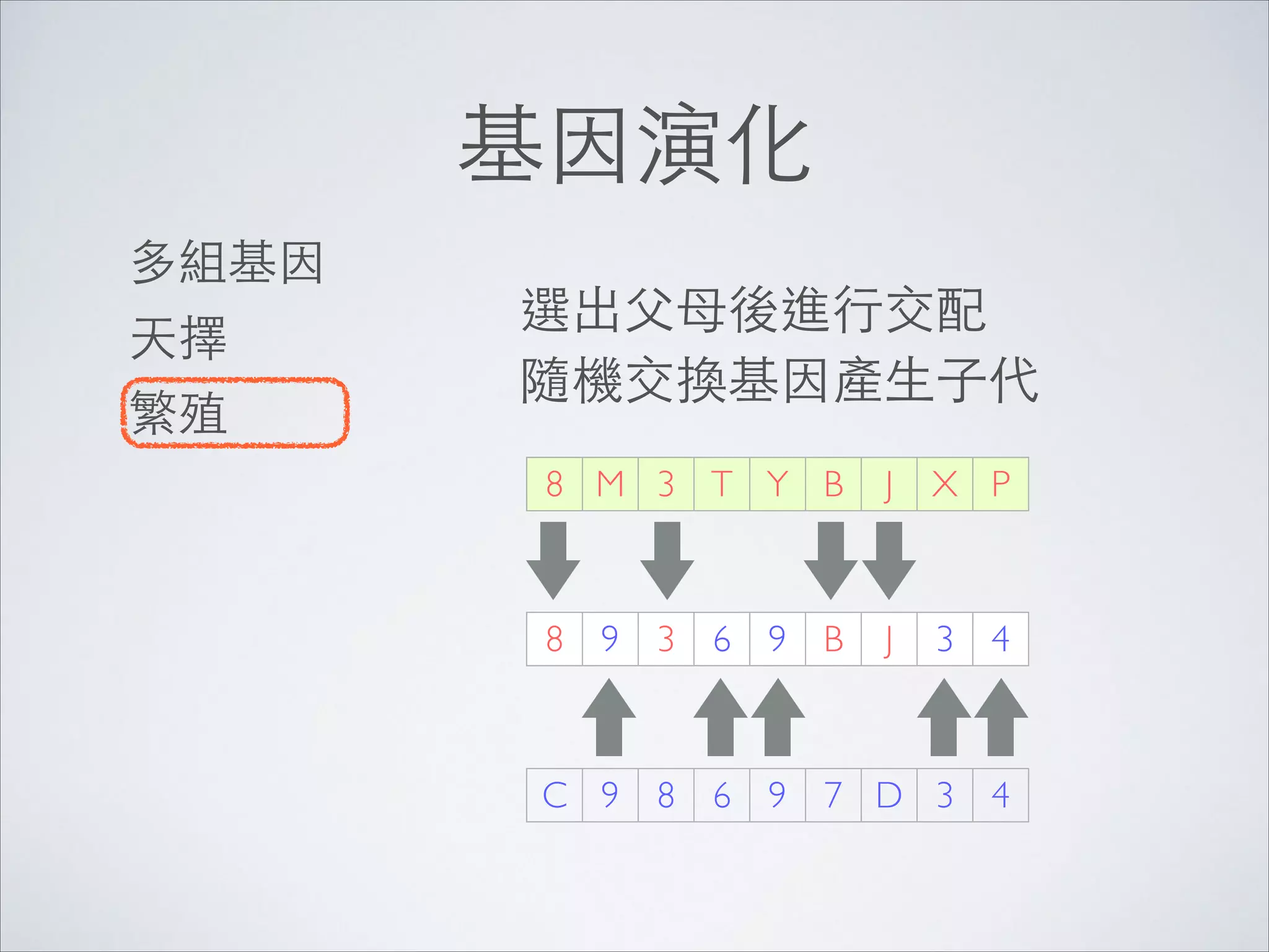 基因演化
多組基因	

天擇	

繁殖

選出⽗父⺟母後進⾏行交配 
隨機交換基因產⽣生⼦子代
8 M 3 T Y B

J

X P

8

J

3

4

7 D 3

4

9

3

6

9 B

C 9

8

6

9

 