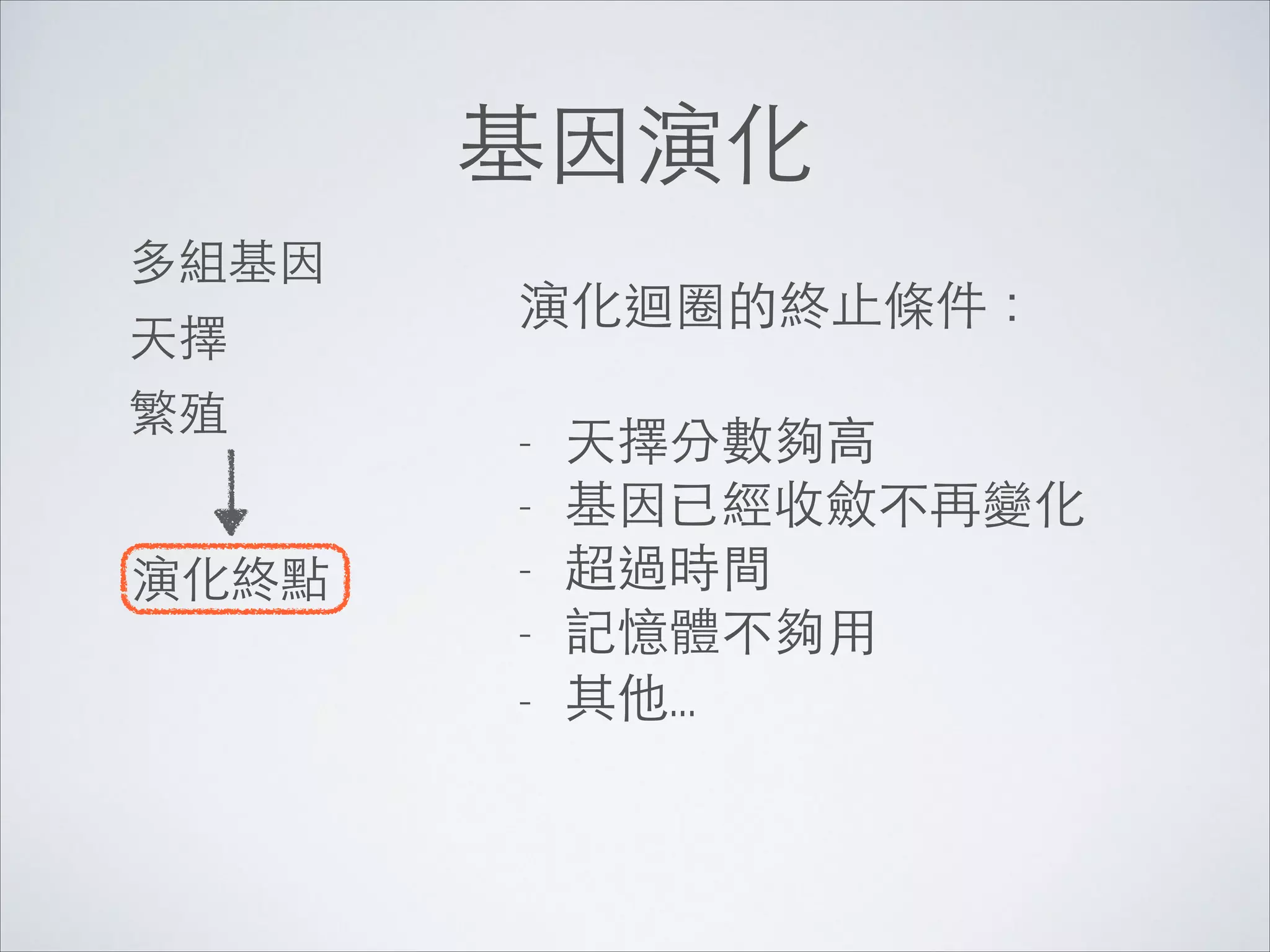 基因演化
多組基因	

天擇	

繁殖
演化終點

演化迴圈的終⽌止條件：	

!

天擇分數夠⾼高	

基因已經收斂不再變化	

超過時間	

記憶體不夠⽤用	

- 其他...
-

 