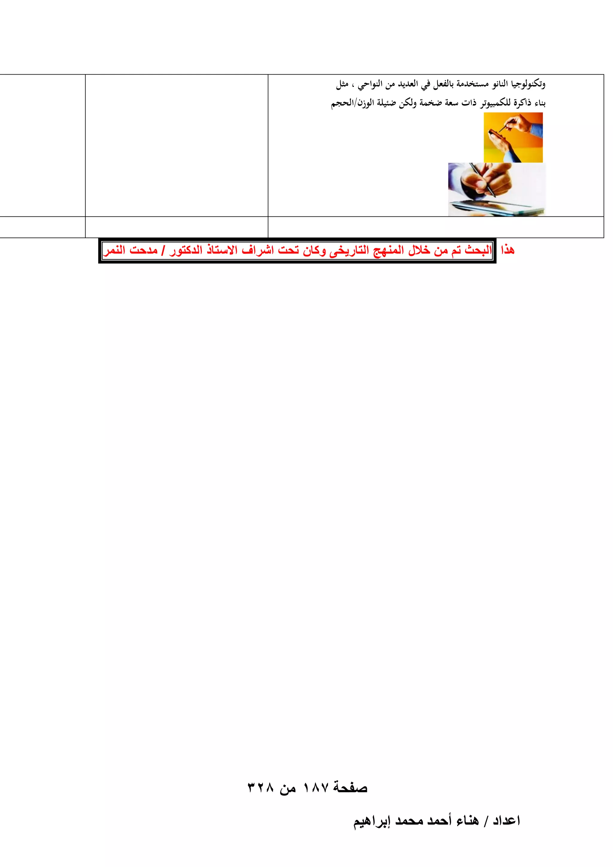 ‫وتكنولوجيا النانو مستخدمة بالفعل في العديد من النواحي ، مثل‬
‫بناء ذاكرة للكمبيوتر ذات سعة ضخمة ولكن ضئيلة الوزف/الحجم‬

‫هذا البحث تم من خالل المنهج التارٌخى وكان تحت اشراؾ االستاذ الدكتور / مدحت النمر‬

‫صفحة 781 من 823‬
‫حػيحى / ٛ٘خء أكٔي ٓلٔي ارَحٛ٤ْ‬

 