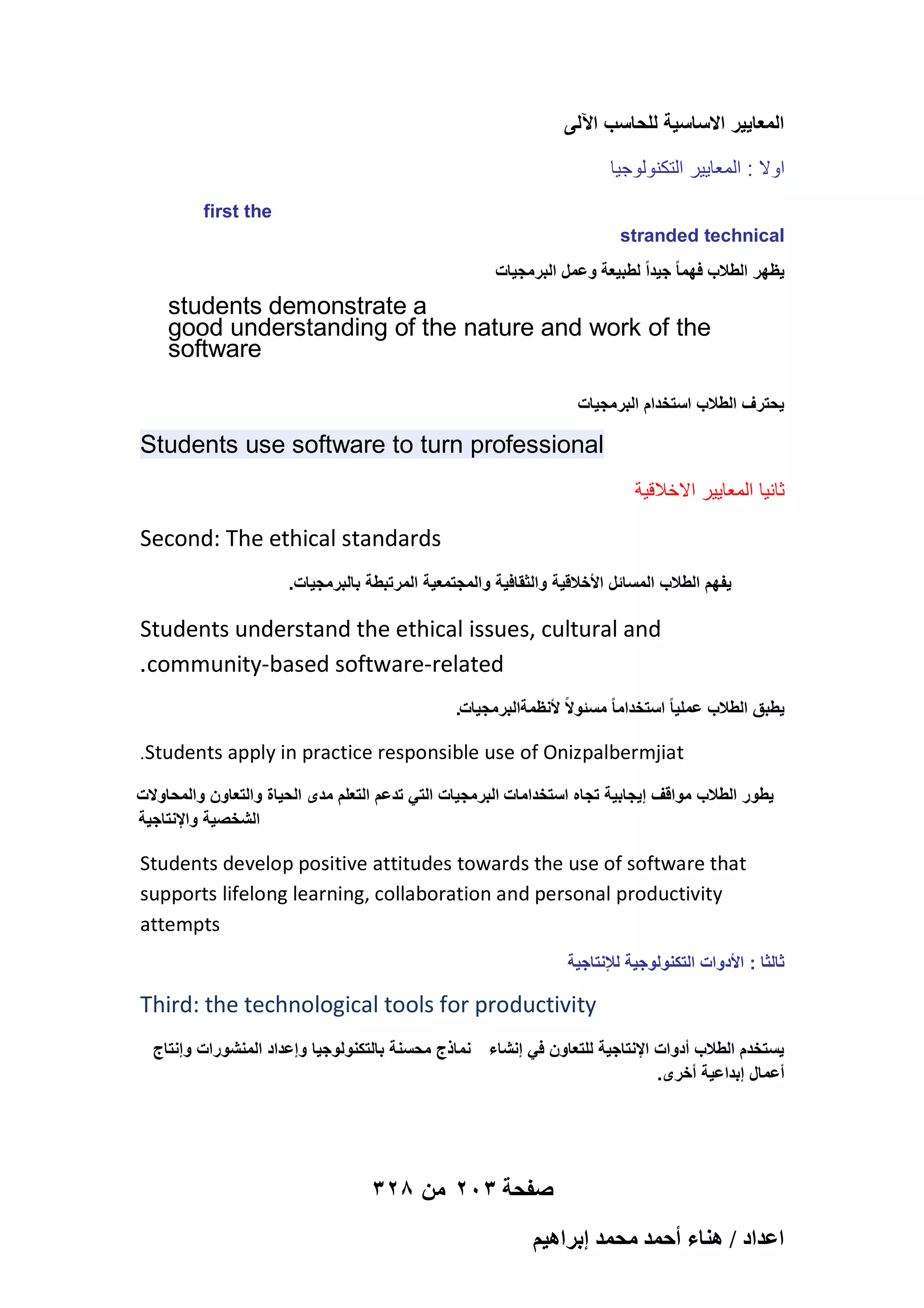 ‫المعاٌٌر االساسٌة للحاسب اآللى‬
‫اوال : المعاٌٌر التكنولوجٌا‬
‫‪first the‬‬
‫‪stranded technical‬‬
‫ٌظهر الطالب فهما ً جٌداً لطبٌعة وعمل البرمجٌات‬

‫‪students demonstrate a‬‬
‫‪good understanding of the nature and work of the‬‬
‫‪software‬‬
‫ٌحترؾ الطالب استخدام البرمجٌات‬
‫‪‬‬

‫‪Students use software to turn professional‬‬
‫ثانٌا المعاٌٌر االخالقٌة‬

‫‪Second: The ethical standards‬‬
‫ٌفهم الطالب المسائل األخالقٌة والثقافٌة والمجتمعٌة المرتبطة بالبرمجٌات.‬

‫‪Students understand the ethical issues, cultural and‬‬
‫‪.community-based software-related‬‬
‫ٌطبق الطالب عملٌا ً استخداما ً مسئوالً ألنظمةالبرمجٌات.‬

‫‪use of Onizpalbermjiat‬‬

‫‪.Students apply in practice responsible‬‬

‫ٌطور الطالب مواقؾ إٌجابٌة تجاه استخدامات البرمجٌات التً تدعم التعلم مدى الحٌاة والتعاون والمحاوالت‬
‫الشخصٌة واإلنتاجٌة‬

‫‪Students develop positive attitudes towards the use of software that‬‬
‫‪supports lifelong learning, collaboration and personal productivity‬‬
‫‪attempts‬‬
‫ثالثا : األدوات التكنولوجٌة لإلنتاجٌة‬

‫‪Third: the technological tools for productivity‬‬
‫ٌستخدم الطالب أدوات اإلنتاجٌة للتعاون فً إنشاء نماذج محسنة بالتكنولوجٌا وإعداد المنشورات وإنتاج‬
‫أعمال إبداعٌة أخرى.‬

‫صفحة 302 من 823‬
‫حػيحى / ٛ٘خء أكٔي ٓلٔي ارَحٛ٤ْ‬

 