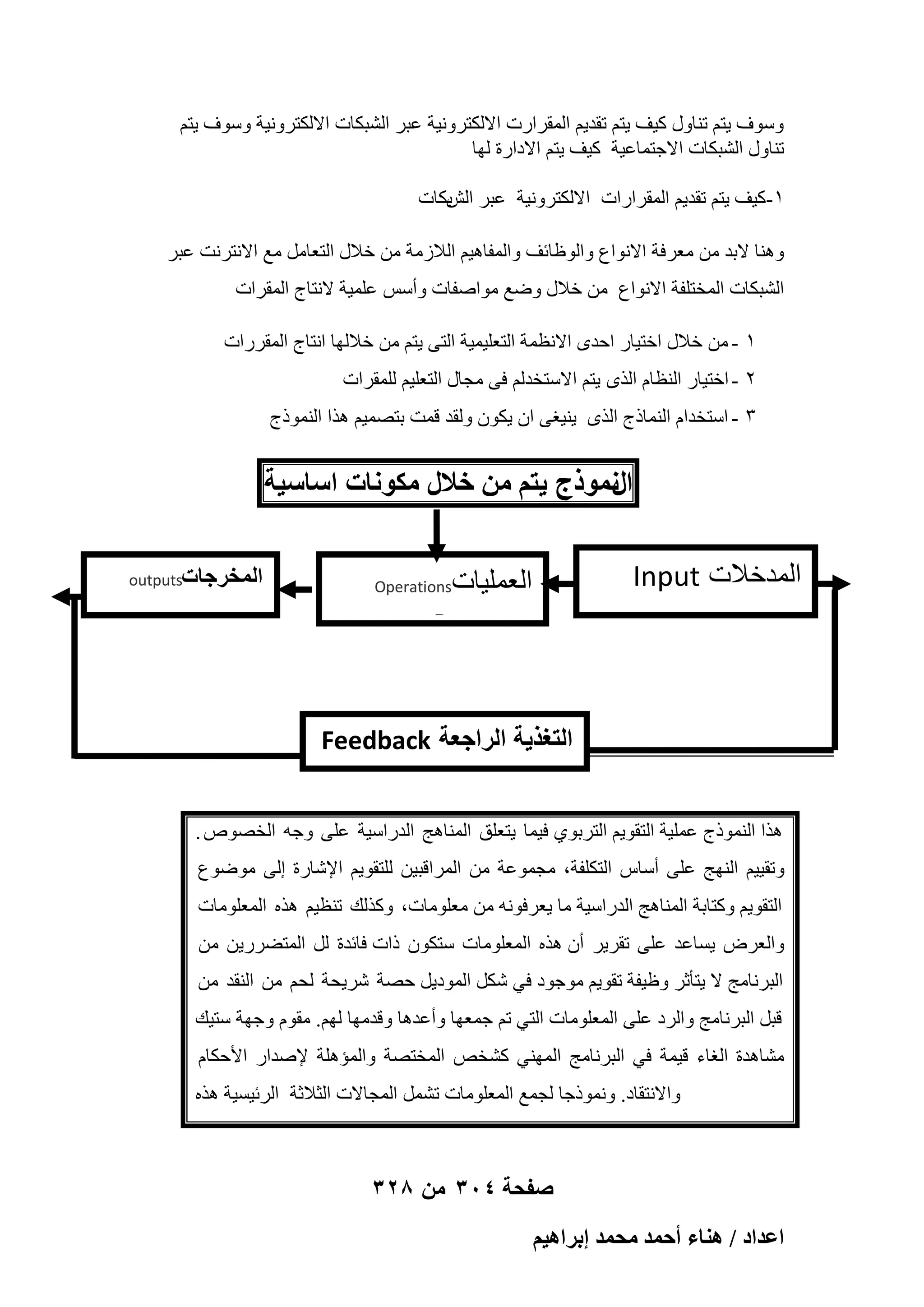 ‫ٍٝٞف ٣زْ ر٘بٍٝ ً٤ق ٣زْ رول٣ْ أُوواهد االٌُزوٝٗ٤خ ػجو اُْجٌبد االٌُزوٝٗ٤خ ٍٝٞف ٣زْ‬
‫ر٘بٍٝ اُْجٌبد االعزٔبػ٤خ ً٤ق ٣زْ االكاهح ُٜب‬
‫ٔ-ً٤ق ٣زْ رول٣ْ أُوواهاد االٌُزوٝٗ٤خ ػجو ثٌبد‬
‫اُِ‬
‫ٝٛ٘ب الثل ٖٓ ٓؼوكخ االٗٞاع ٝاُٞظبئق ٝأُلبٛ٤ْ اُالىٓخ ٖٓ فالٍ اُزؼبَٓ ٓغ االٗزوٗذ ػجو‬
‫اُْجٌبد أُقزِلخ االٗٞاع ٖٓ فالٍ ٝٙغ ٓٞإلبد ٝأٌٍ ػِٔ٤خ الٗزبط أُوواد‬
‫ٔ - ٖٓ فالٍ افز٤به اؽلٟ االٗظٔخ اُزؼِ٤ٔ٤خ اُز٠ ٣زْ ٖٓ فالُٜب اٗزبط أُووهاد‬
‫ٕ - افز٤به اُ٘ظبّ اُنٟ ٣زْ االٍزقلُْ ك٠ ٓغبٍ اُزؼِ٤ْ ُِٔوواد‬
‫ٖ - اٍزقلاّ اُ٘ٔبمط اُنٟ ٣٘٤ـ٠ إ ٣ٌٕٞ ُٝول هٔذ ثزٖٔ٤ْ ٛنا اُ٘ٔٞمط‬

‫ًٗٔٞؽ ٣ظْ ٖٓ هالٍ ٌٓٞٗخص حٓخٓ٤ش‬
‫حٍ‬
‫المدخالت ‪Input‬‬

‫العملٌات‬
‫‪Procees‬‬

‫‪Operations‬‬

‫‪Inpiut‬‬

‫المخرجات‪outputs‬‬

‫التؽذٌة الراجعة ‪Feedback‬‬
‫ٛنا اُ٘ٔٞمط ػِٔ٤خ اُزوٞ٣ْ اُزوثٞ١ ك٤ٔب ٣زؼِن أُ٘بٛظ اُلهاٍ٤خ ػِ٠ ٝعٚ اُقٖٞٓ .‬
‫ٝرو٤٤ْ اُٜ٘ظ ػِ٠ أٍبً اُزٌِلخ، ٓغٔٞػخ ٖٓ أُواهج٤ٖ ُِزوٞ٣ْ اإلّبهح اُ٠ ٓٞٙٞع‬
‫اُزوٞ٣ْ ًٝزبثخ أُ٘بٛظ اُلهاٍ٤خ ٓب ٣ؼوكٞٗٚ ٖٓ ٓؼِٞٓبد، ًٝنُي ر٘ظ٤ْ ٛنٙ أُؼِٞٓبد‬
‫ٝاُؼوٗ ٣َبػل ػِ٠ روو٣و إٔ ٛنٙ أُؼِٞٓبد ٍزٌٕٞ ماد كبئلح َُ أُزٚوه٣ٖ ٖٓ‬
‫اُجوٗبٓظ ال ٣زؤصو ٝظ٤لخ روٞ٣ْ ٓٞعٞك ك٢ ٌَّ أُٞك٣َ ؽٖخ ّو٣ؾخ ُؾْ ٖٓ اُ٘ول ٖٓ‬
‫هجَ اُجوٗبٓظ ٝاُوك ػِ٠ أُؼِٞٓبد اُز٢ رْ عٔؼٜب ٝأػلٛب ٝهلٜٓب ُْٜ. ٓوّٞ ٝعٜخ ٍز٤ي‬
‫ْٓبٛلح اُـبء ه٤ٔخ ك٢ اُجوٗبٓظ أُٜ٘٢ ًْقٔ أُقزٖخ ٝأُئِٛخ إلٕلاه األؽٌبّ‬
‫ٝاالٗزوبك. ٝٗٔٞمعب ُغٔغ أُؼِٞٓبد رَْٔ أُغبالد اُضالصخ اُوئ٤َ٤خ ٛنٙ‬

‫صفحة 403 من 823‬
‫حػيحى / ٛ٘خء أكٔي ٓلٔي ارَحٛ٤ْ‬

 