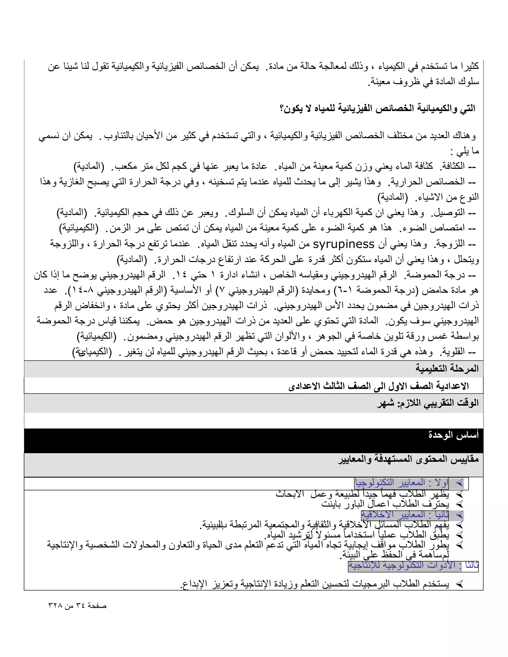 ‫كثٌرا ما تستخدم فً الكٌمٌاء ، وذلك لمعالجة حالة من مادة . ٌمكن أن الخصابص الفٌزٌابٌة والكٌمٌابٌة تقول لنا شٌبا عن‬
‫سلوك المادة فً ظروؾ معٌنة.‬
‫التً والكٌمٌائٌة الخصائص الفٌزٌائٌة للمٌاه ال ٌكون؟‬
‫وهناك العدٌد من مختلؾ الخصابص الفٌزٌابٌة والكٌمٌابٌة ، والتً تستخدم فً كثٌر من األحٌان بالتناوب . ٌمكن ان نسمً‬
‫ما ٌلً :‬
‫- الكثافة. كثافة الماء ٌعنً وزن كمٌة معٌنة من المٌاه . عادة ما ٌعبر عنها فً كجم لكل متر مكعب . )المادٌة(‬‫- الخصابص الحرارٌة. وهذا ٌشٌر إلى ما ٌحدث للمٌاه عندما ٌتم تسخٌنه ، وفً درجة الحرارة التً ٌصبح الؽازٌة وهذا‬‫النوع من االشٌاء. )المادٌة(‬
‫- التوصٌل. وهذا ٌعنً ان كمٌة الكهرباء أن المٌاه ٌمكن أن السلوك . وٌعبر عن ذلك فً حجم الكٌمٌابٌة. )المادٌة(‬‫- امتصاص الضوء. هذا هو كمٌة الضوء على كمٌة معٌنة من المٌاه ٌمكن أن تمتص على مر الزمن . )الكٌمٌابٌة(‬‫- اللزوجة. وهذا ٌعنً أن ‪ syrupiness‬من المٌاه وأنه ٌحدد تنقل المٌاه . عندما ترتفع درجة الحرارة ، واللزوجة‬‫وٌتحلل ، وهذا ٌعنً أن المٌاه ستكون أكثر قدرة على الحركة عند ارتفاع درجات الحرارة . )المادٌة(‬
‫- درجة الحموضة. الرقم الهٌدروجٌنً ومقٌاسه الخاص ، انشاء ادارة 1 حتً 41. الرقم الهٌدروجٌنً ٌوضح ما إذا كان‬‫هو مادة حامض )درجة الحموضة 1-6( ومحاٌدة )الرقم الهٌدروجٌنً 7( أو األساسٌة )الرقم الهٌدروجٌنً 8-41(. عدد‬
‫ذرات الهٌدروجٌن فً مضمون ٌحدد األس الهٌدروجٌنً. ذرات الهٌدروجٌن أكثر ٌحتوي على مادة ، وانخفاض الرقم‬
‫الهٌدروجٌنً سوؾ ٌكون. المادة التً تحتوي على العدٌد من ذرات الهٌدروجٌن هو حمض. ٌمكننا قٌاس درجة الحموضة‬
‫بواسطة ؼمس ورقة تلوٌن خاصة فً الجوهر ، واأللوان التً تظهر الرقم الهٌدروجٌنً ومضمون . )الكٌمٌابٌة(‬
‫ٌة(‬
‫- القلوٌة. وهذه هً قدرة الماء لتحٌٌد حمض أو قاعدة ، بحٌث الرقم الهٌدروجٌنً للمٌاه لن ٌتؽٌر . )الكٌمٌائ‬‫حَُٔكِش حُظؼِ٤ٔ٤ش‬
‫حالػيحى٣ش حُٜق حالٍٝ حُ٠ حُٜق حُؼخُغ حالػيحىٟ‬
‫حُٞهض حُظوَ٣ز٢ حُالُّ: َٜٗ‬
‫أساس الوحدة‬
‫مقاٌٌس المحتوى المستهدفة والمعاٌٌر‬
‫‪ ‬اوال : المعاٌٌر التكنولوجٌا‬
‫‪ٌ ‬ظهر الطالب فهما ً جٌداً لطبٌعة وعمل االبحاث‬
‫‪ٌ ‬حترؾ الطالب اعمال الباور باٌنت‬
‫‪ ‬ثانٌا : المعاٌٌر االخالقٌة‬
‫‪ٌ ‬فهم الطالب المسابل األخالقٌة والثقافٌة والمجتمعٌة المرتبطة البٌبٌة.‬
‫ب‬
‫‪ٌ ‬طبق الطالب عملٌا ً استخداما ً مسبوالً ترشٌد المٌاه.‬
‫ل‬
‫‪ٌ ‬طور الطالب مواقؾ إٌجابٌة تجاه ا لمٌاه التً تدعم التعلم مدى الحٌاة والتعاون والمحاوالت الشخصٌة واإلنتاجٌة‬
‫لم ساهمة فى الحفظ على البٌبة.‬
‫ثالثا : األدوات التكنولوجٌة لإلنتاجٌة‬
‫‪ٌ ‬ستخدم الطالب البرمجٌات لتحسٌن التعلم وزٌادة اإلنتاجٌة وتعزٌز اإلبداع.‬
‫صفحة ٖٗ من 8ٕٖ‬

 