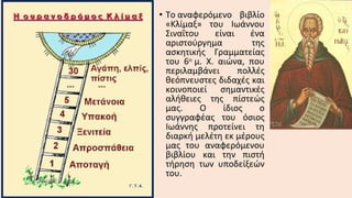 • Το αναφερόμενο βιβλίο
«Κλίμαξ» του Ιωάννου
Σιναΐτου
είναι
ένα
αριστούργημα
της
ασκητικής Γραμματείας
του 6ου μ. Χ. αιώνα, που
περιλαμβάνει
πολλές
θεόπνευστες διδαχές και
κοινοποιεί σημαντικές
αλήθειες της πίστεώς
μας.
Ο
ίδιος
ο
συγγραφέας του όσιος
Ιωάννης προτείνει τη
διαρκή μελέτη εκ μέρους
μας του αναφερόμενου
βιβλίου και την πιστή
τήρηση των υποδείξεών
του.

 