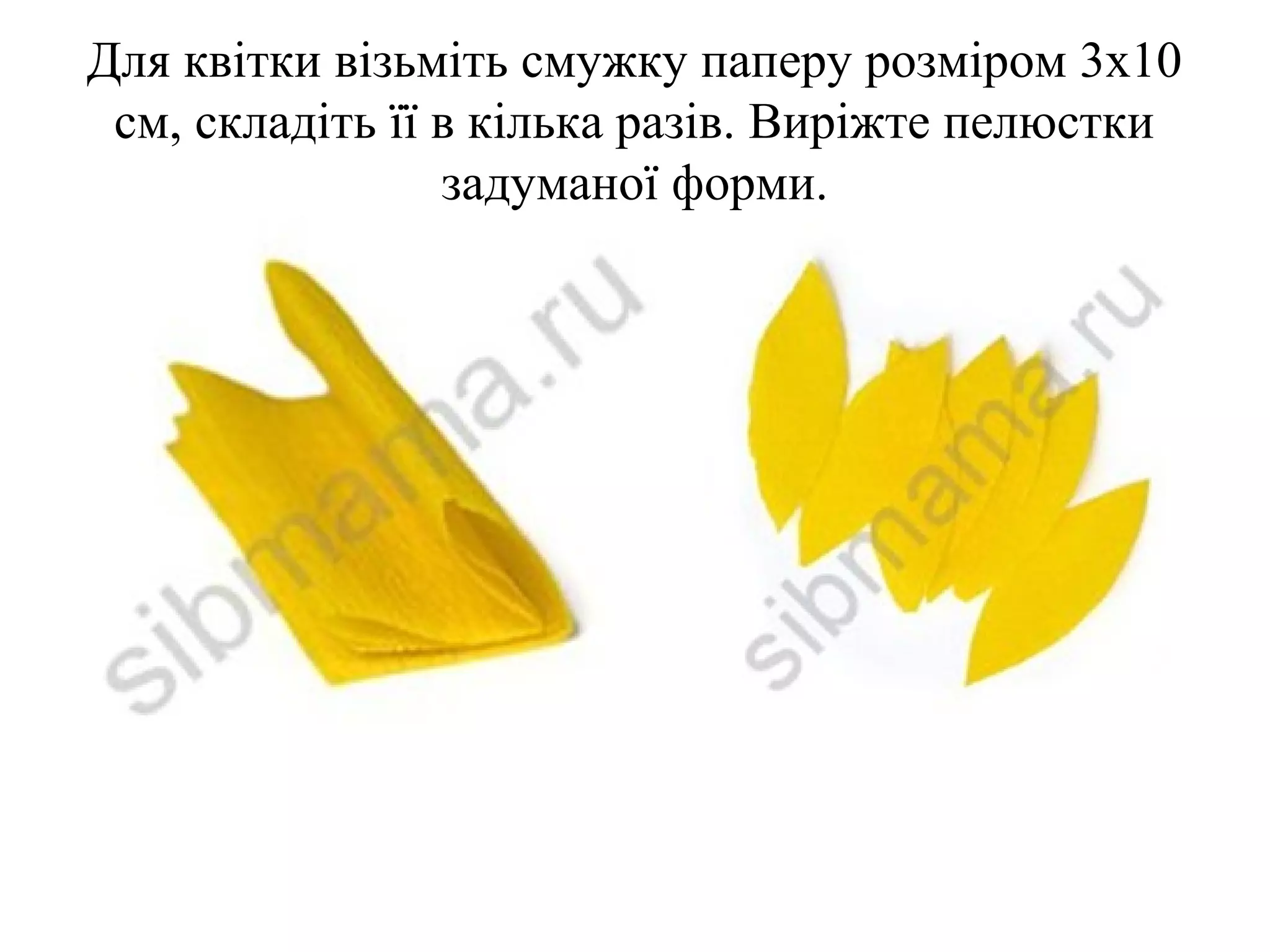 Для квітки візьміть смужку паперу розміром 3х10
см, складіть її в кілька разів. Виріжте пелюстки
задуманої форми.

 