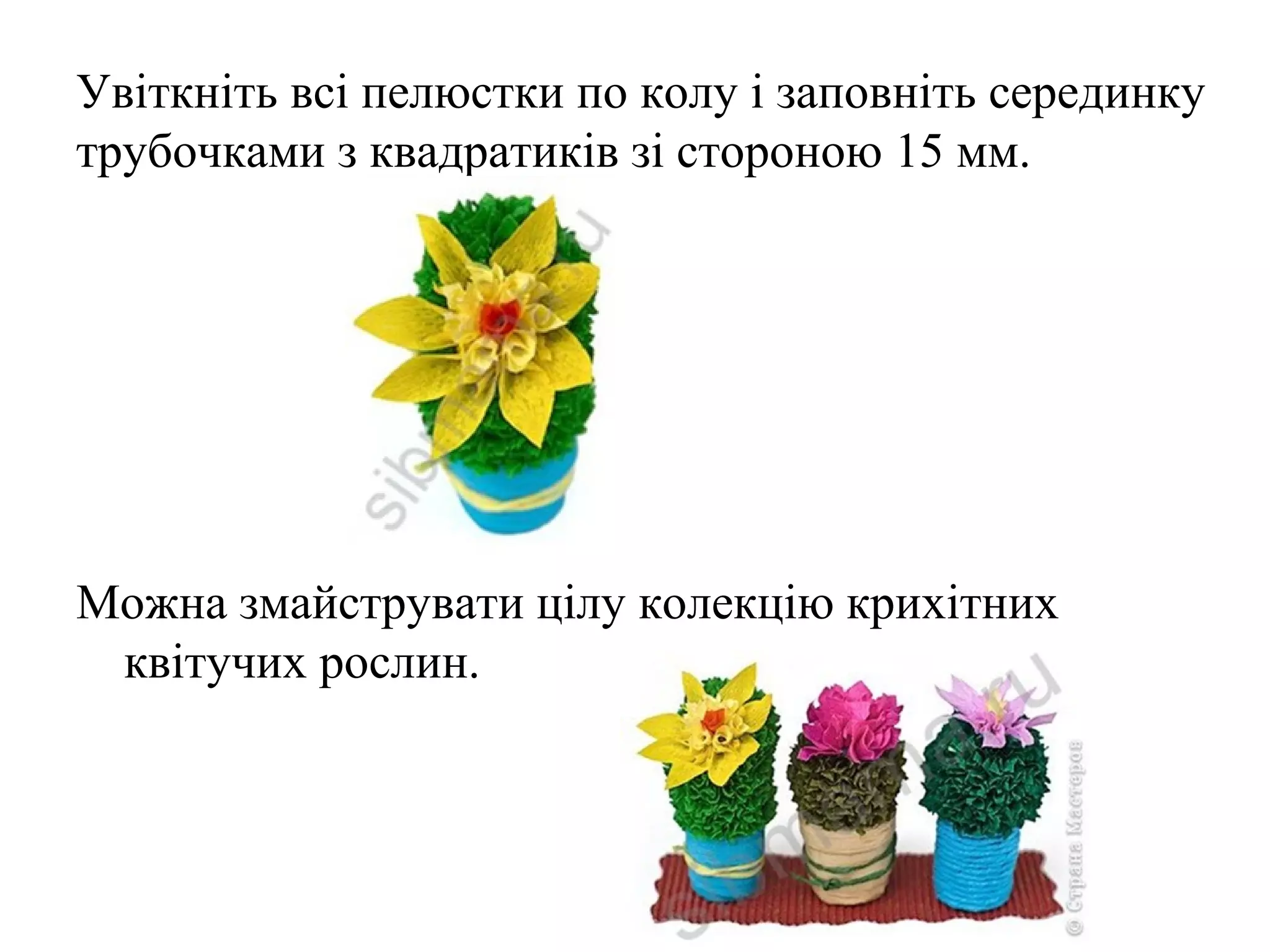 Увіткніть всі пелюстки по колу і заповніть серединку
трубочками з квадратиків зі стороною 15 мм.

Можна змайструвати цілу колекцію крихітних
квітучих рослин.

 