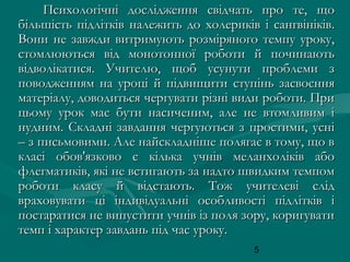 Психологічні дослідження свідчать про те, що
більшість підлітків належить до холериків і сангвініків.
Вони не завжди витримують розміряного темпу уроку,
стомлюються від монотонної роботи й починають
відволікатися. Учителю, щоб усунути проблеми з
поводженням на уроці й підвищити ступінь засвоєння
матеріалу, доводиться чергувати різні види роботи. При
цьому урок має бути насиченим, але не втомливим і
нудним. Складні завдання чергуються з простими, усні
– з письмовими. Але найскладніше полягає в тому, що в
класі обов'язково є кілька учнів меланхоліків або
флегматиків, які не встигають за надто швидким темпом
роботи класу й відстають. Тож учителеві слід
враховувати ці індивідуальні особливості підлітків і
постаратися не випустити учнів із поля зору, коригувати
темп і характер завдань під час уроку.
5

 