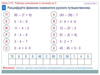Урок 2.53. Таблица умножения и деления на 5

МАТЕМАТИКА

8 Расшифруйте фамилию знаменитого русского путешественника.
П

85 – (7 + 8)

А

(43 – 29) : 7

Е

5 ∙ 3 – 9

В

3∙ 8 + 4∙6

Ж

11 – 4 : 2

И

13 – 27 : 3

Р

4 ∙ 4 – 8

Л

91 – (5 + 6)

Й

3 ∙ 4 – 7

Ь

3∙ 2 + 7

С

5∙ 4 + 4∙9

К

45 : 45 + 5 ∙ 0

70

8

9

6

48

2

80

13

56

1

4

5

Внимание! Данное задание выполняется интерактивно в режиме редактирования.

 